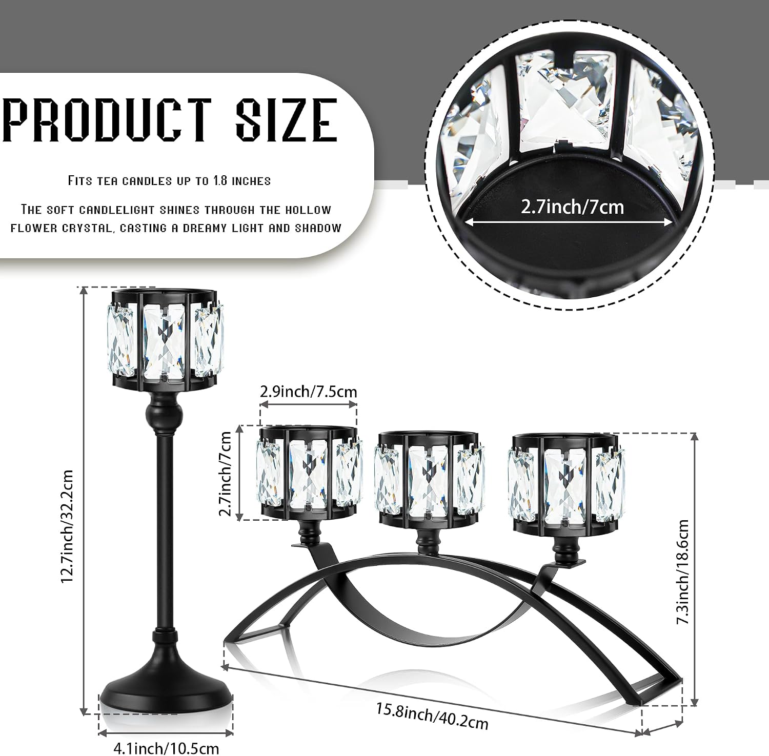 Black Set of 3 Crystal Candle Holders Arched - Elegant Tabletop Candelabra Centerpiece for Weddings, Dining Room Decor
