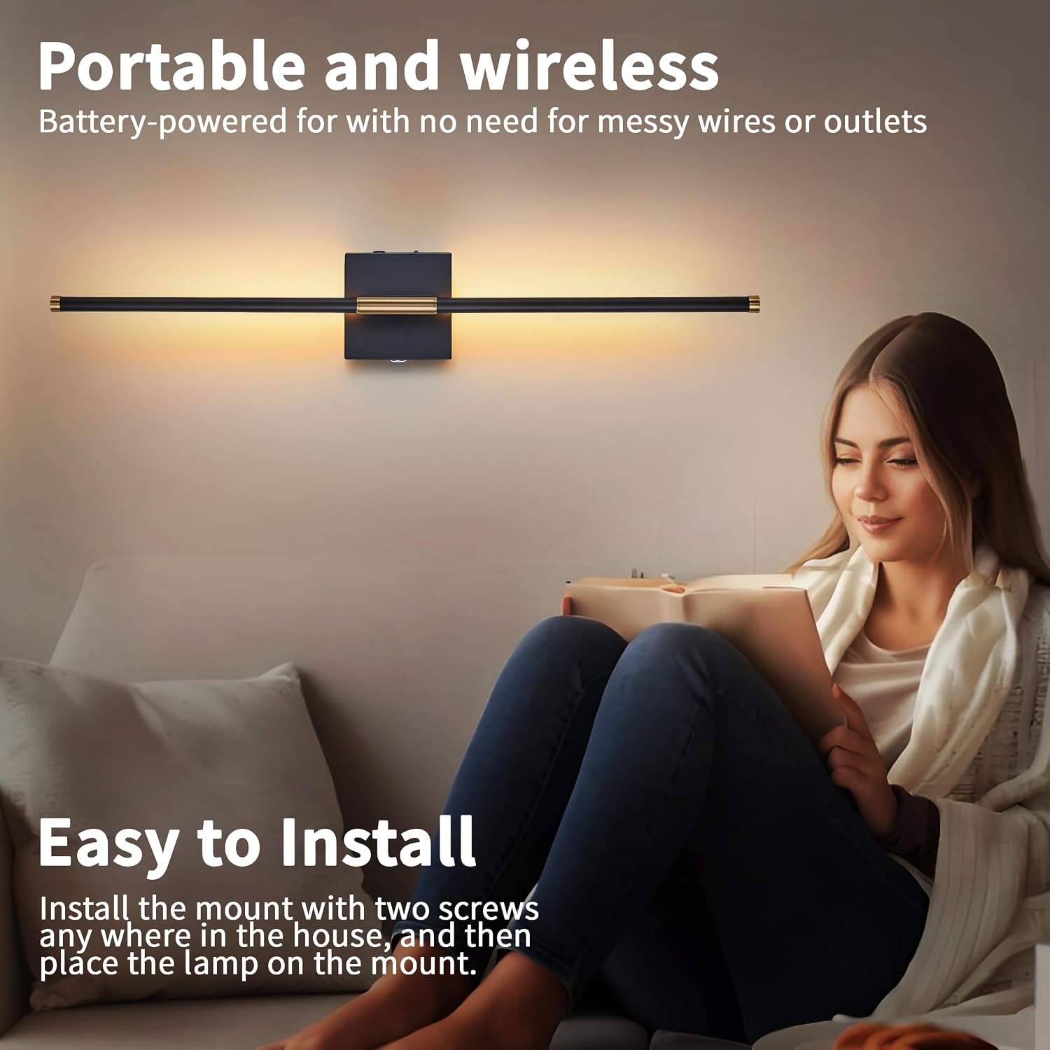 15800 mAh Battery Operated Wall Sconces with Remote Control Dimmable Wall Sconces Set of Two 3000K LED Black and Brass