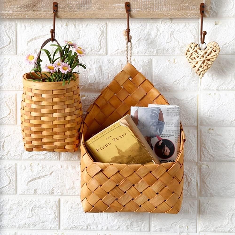 Small Hand-Woven Wood Storage Basket Portable Wall Hanging Flower Basket Organizer Fruit Vegetable