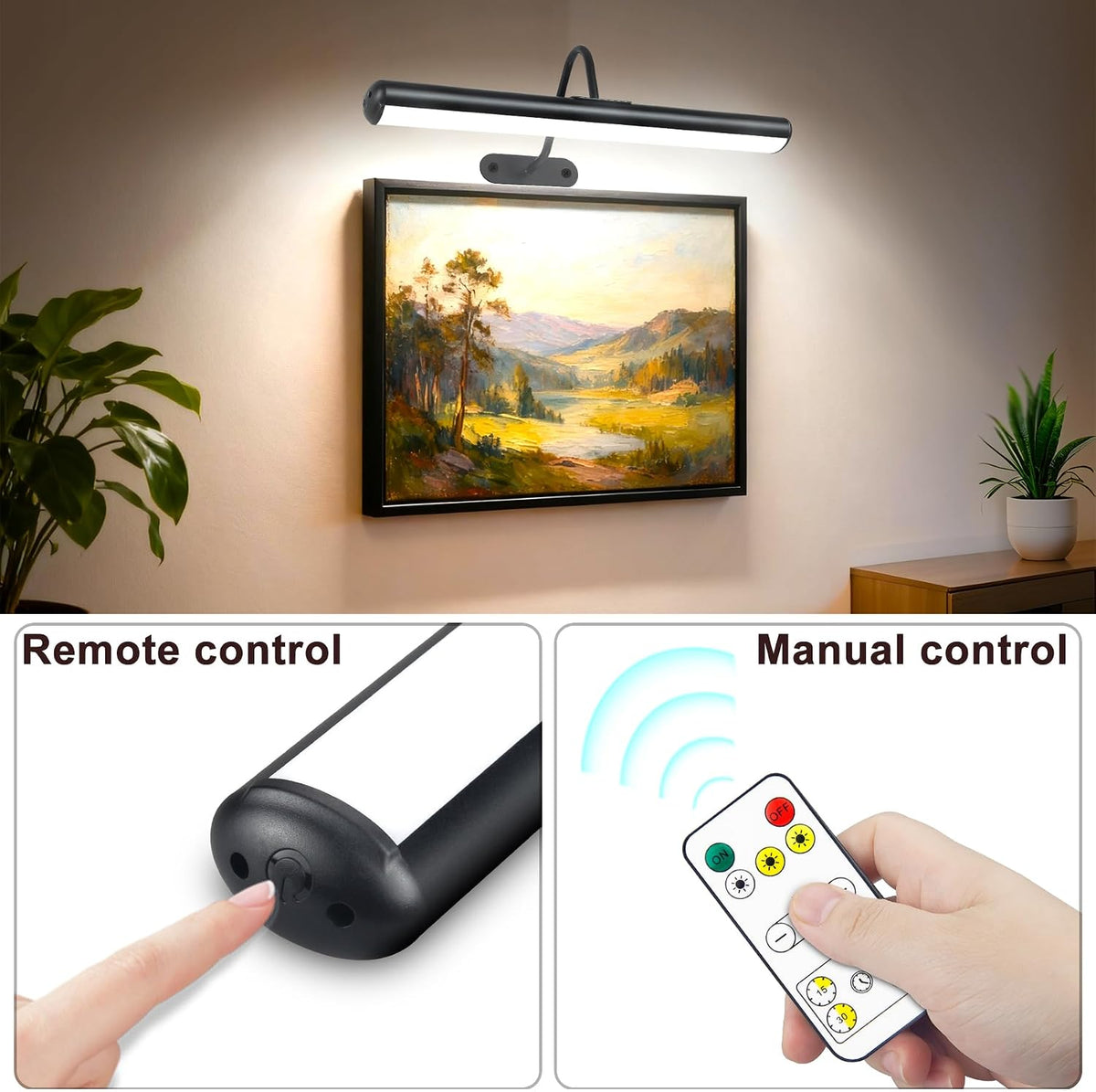 Set of 2 Picture Lights with Timer Dimmer, Painting Light with Remote Rechargeable Battery ,Wall Art 3 Lighting Colors