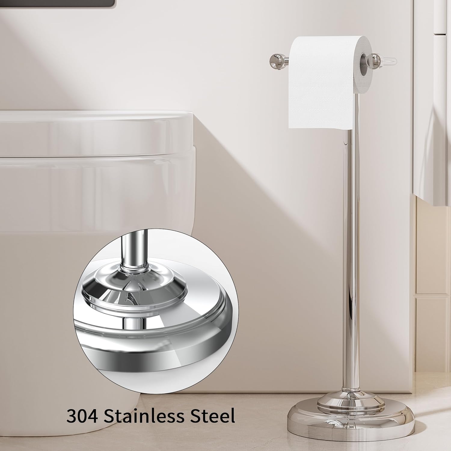 Toilet Paper Holder Stand, Toilet Paper Holder Free Standing,Post Pivoting Design & Stable Weighted Base SUS304