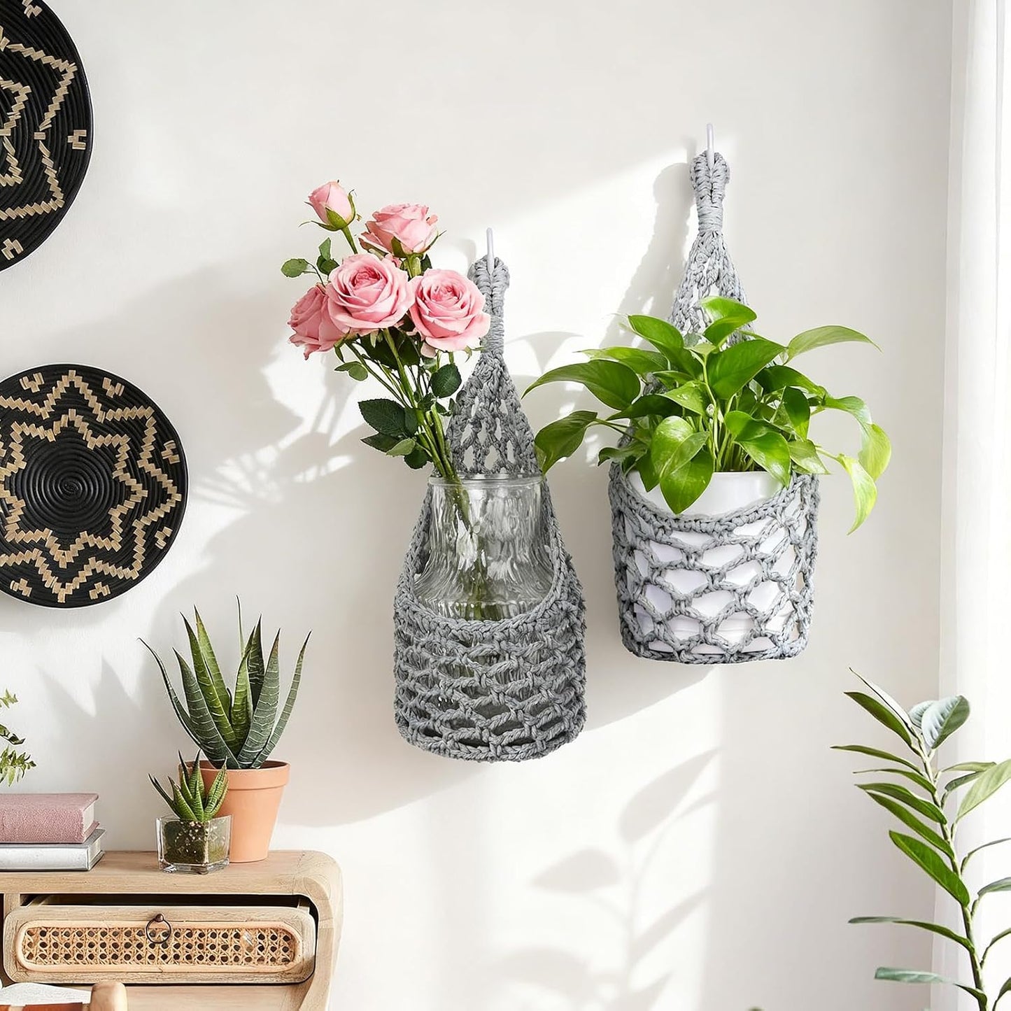 Macrame Wall Plant Hanger / Gray / 6-inch / 6 Inch
