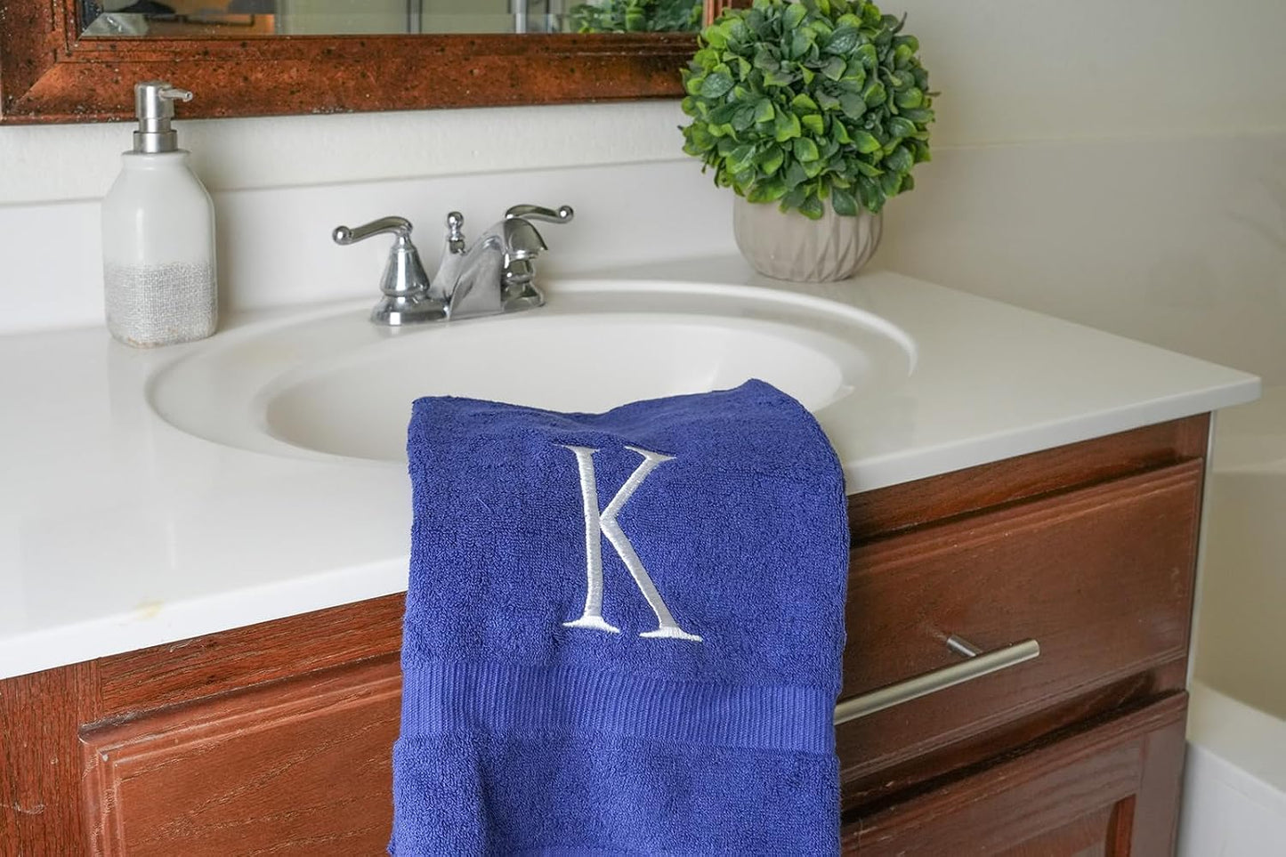 Navy with White Monogrammed Hand Towels for Bathroom - Set of 2 Letter K | Luxury Hotel Quality Initial Towels For