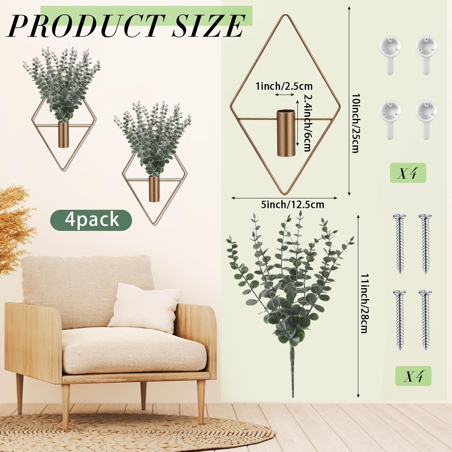 Artificial Metal Hanging Vase Indoor Plants Holder Modern / Antique Copper / Eucalyptus / Set of 4