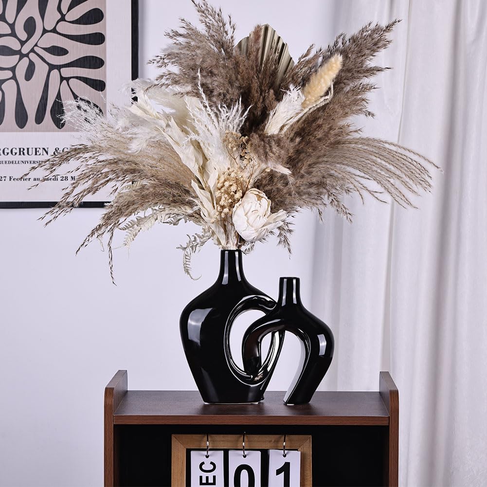 Hollow Ceramic Vase / Black and Silver / Set of 2