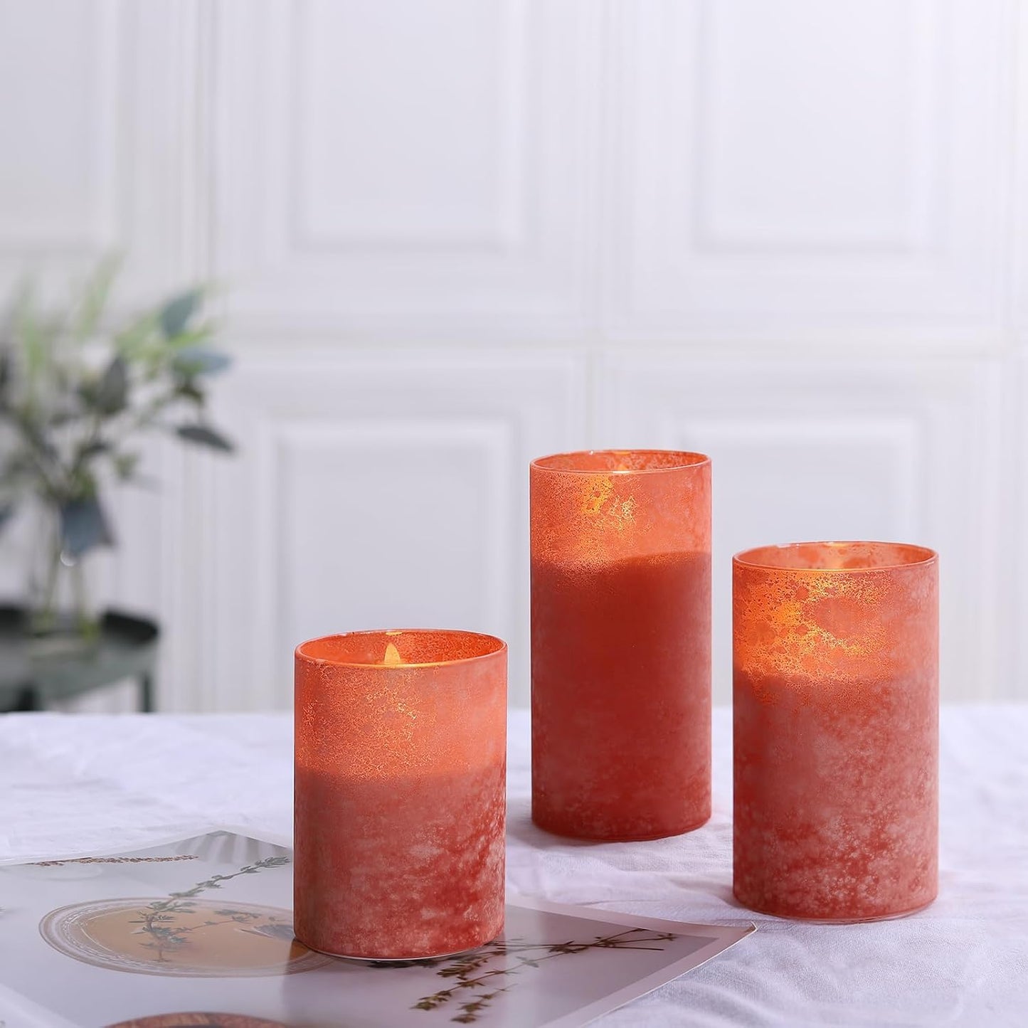 Flameless Candles with Remote Orange Glass LED Pillar Candles Set of 3 | Realistic Wax Flame Effect, 2/4/6/8H Timer