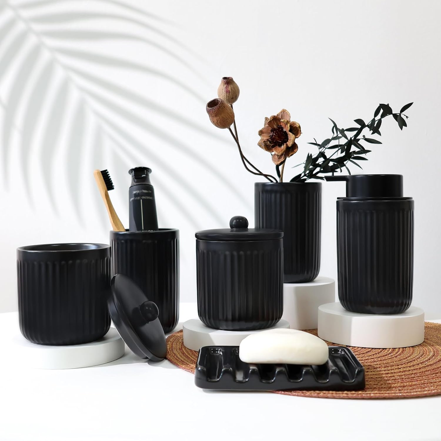 BosilunLife Striped Black Ceramic Bathroom Accessories Set of 4 | Bathroom Decor Sets Accessories Bathroom Lotion Soap