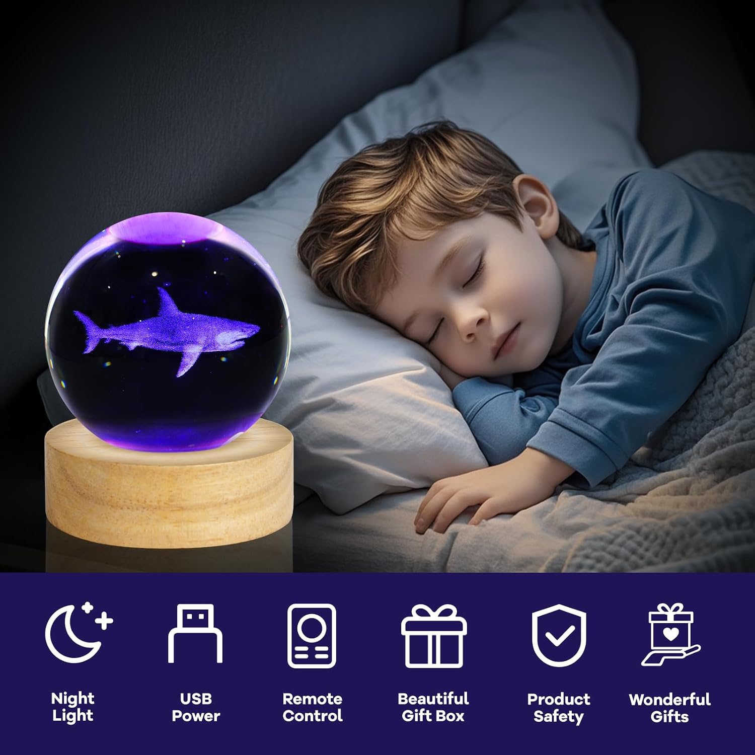 3D Crystal Ball Night Light Figurines Decor Table Lamp / Shark / 2.4 Inch