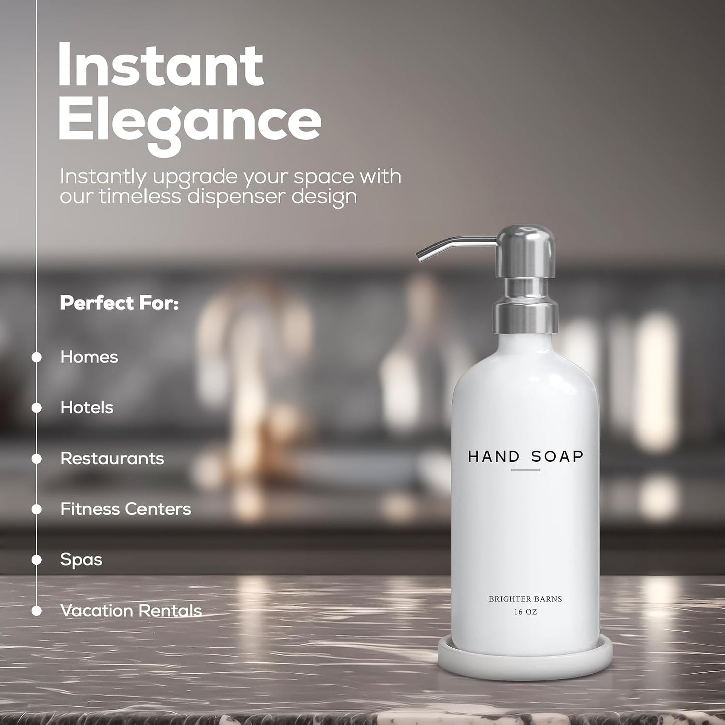 White Glass Hand Soap Dispenser Bathroom Set by Brighter Barns - Bathroom Soap Dispenser Set with Ceramic Tray