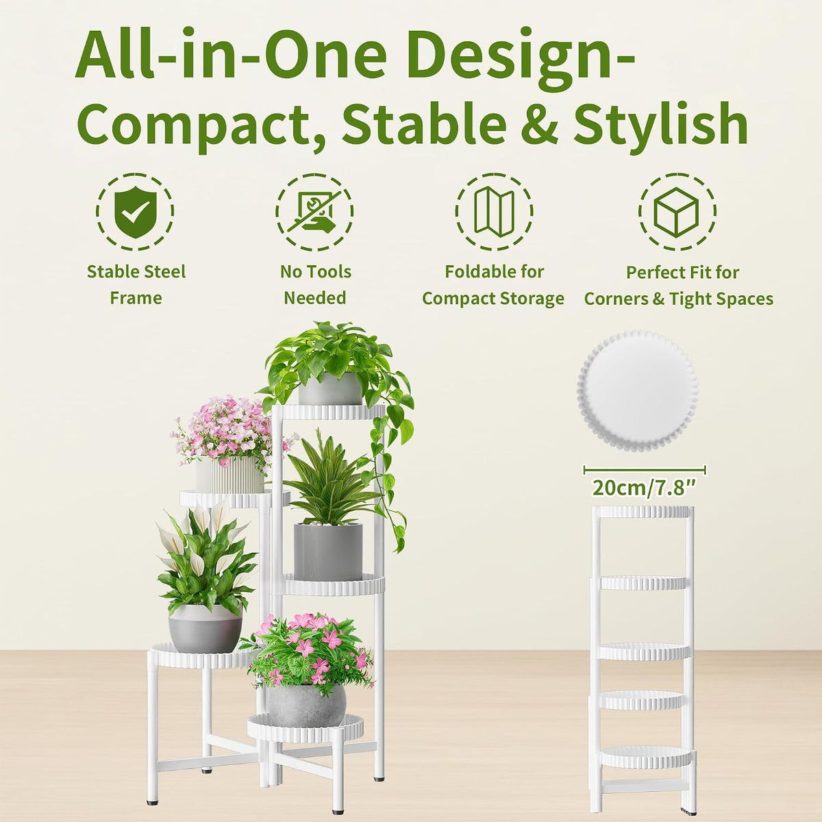 5 Tier Large Plant Stand Indoor with 7.9 Inch Wide Tray, Tiered Corner Metal Outdoor Flower Display Holder Shelf