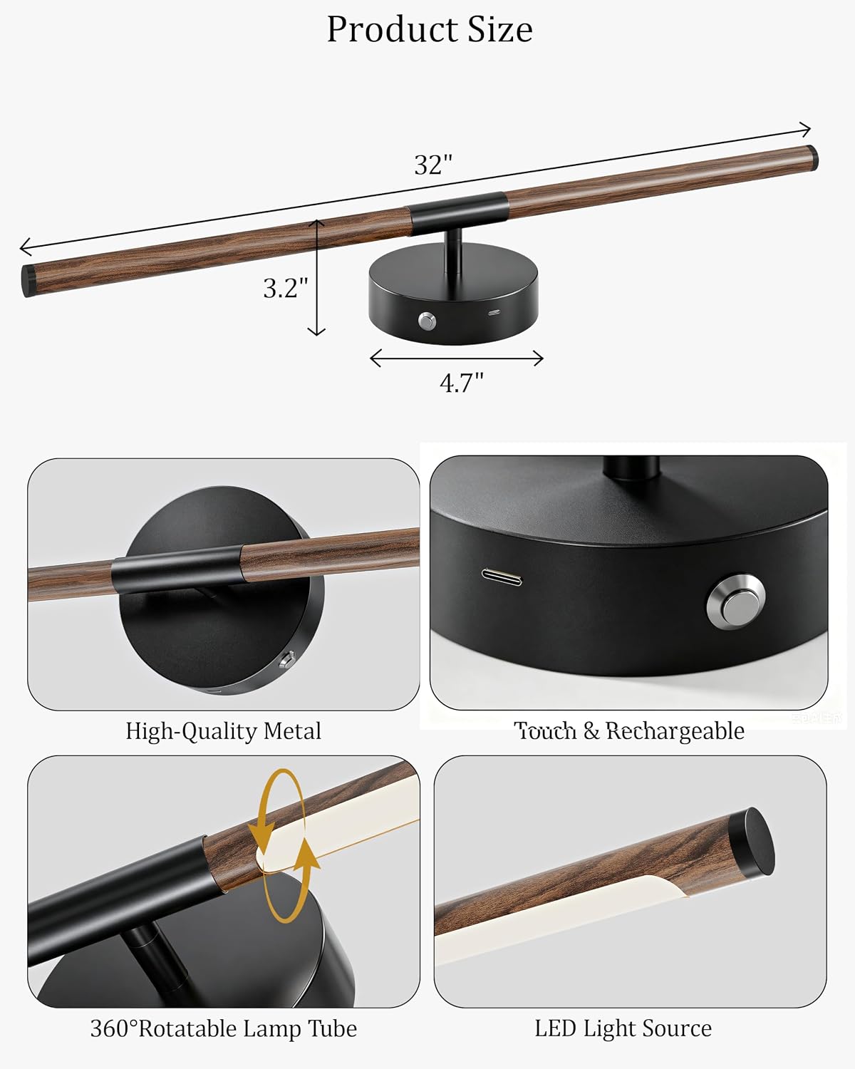 32" Battery Operated Wall Sconce Set of 2, 350° Rotating Lamp, Walnut Black | Wireless, 8000mAh Rechargeable Battery