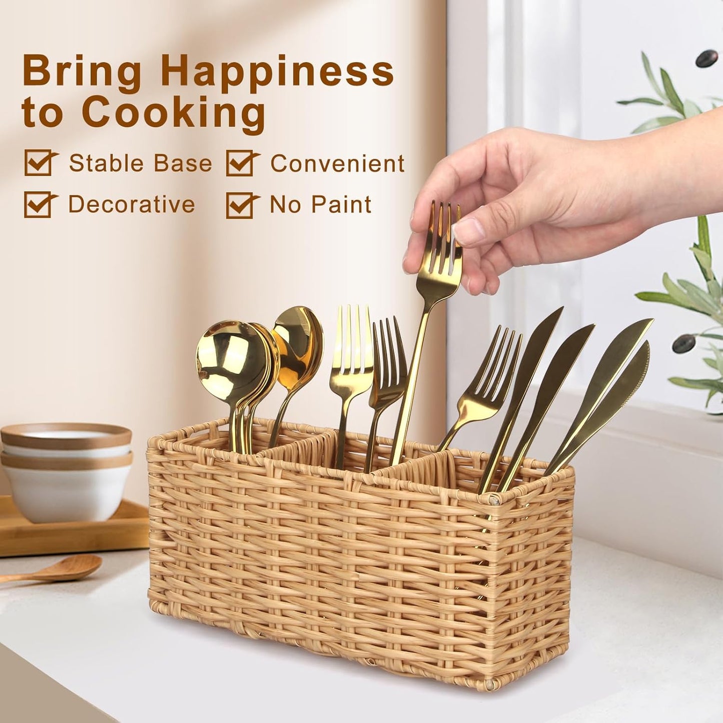 Wicker Flatware Silverware Caddy Cutlery Holder Kitchen Silverware / 9.5"lx4"hx3.3"w / Natural