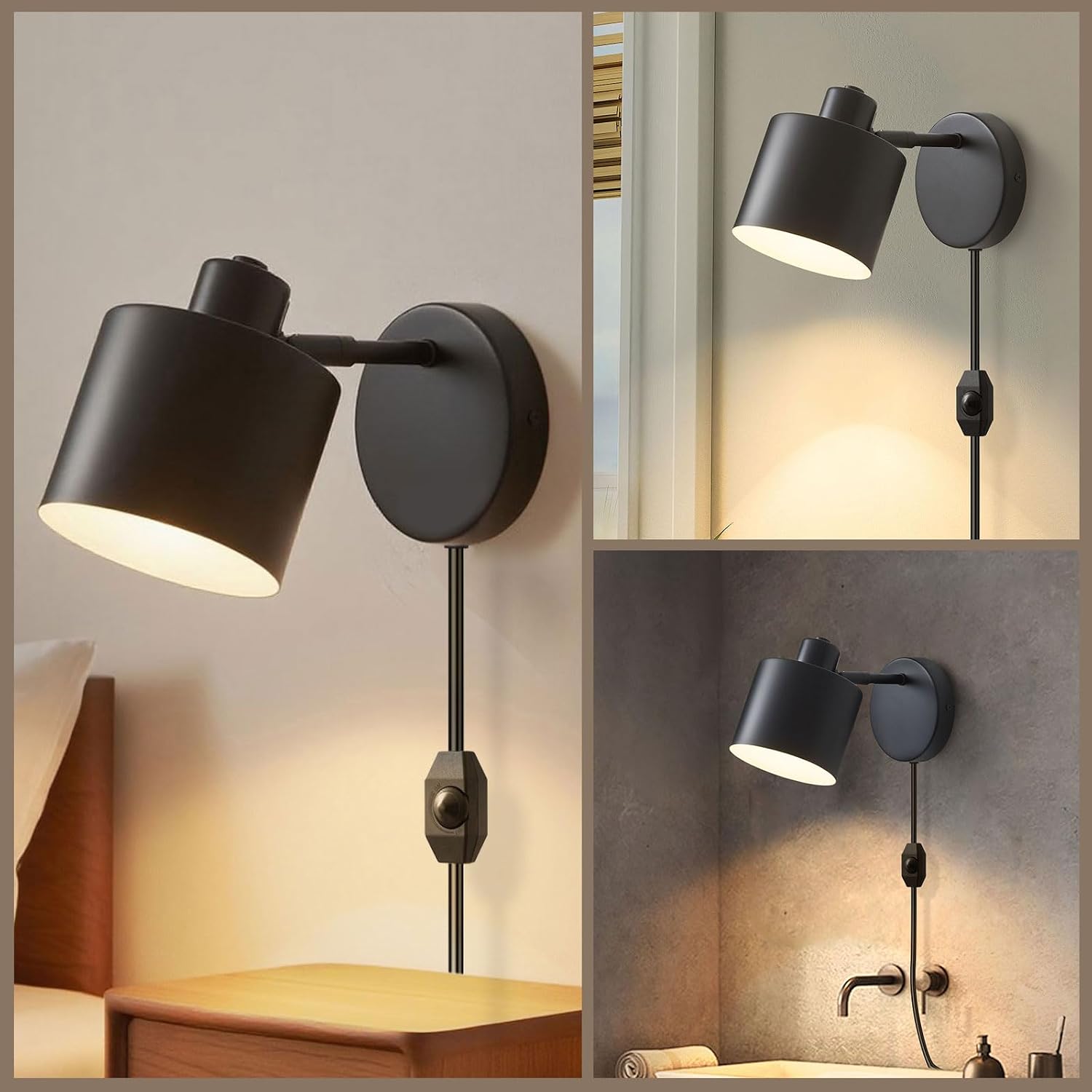 Lightess Black Plug in Wall Sconces Set of 2 Dimmable Corded with Switch | 350° Rotatable Lamp Head, Dimmable Corded