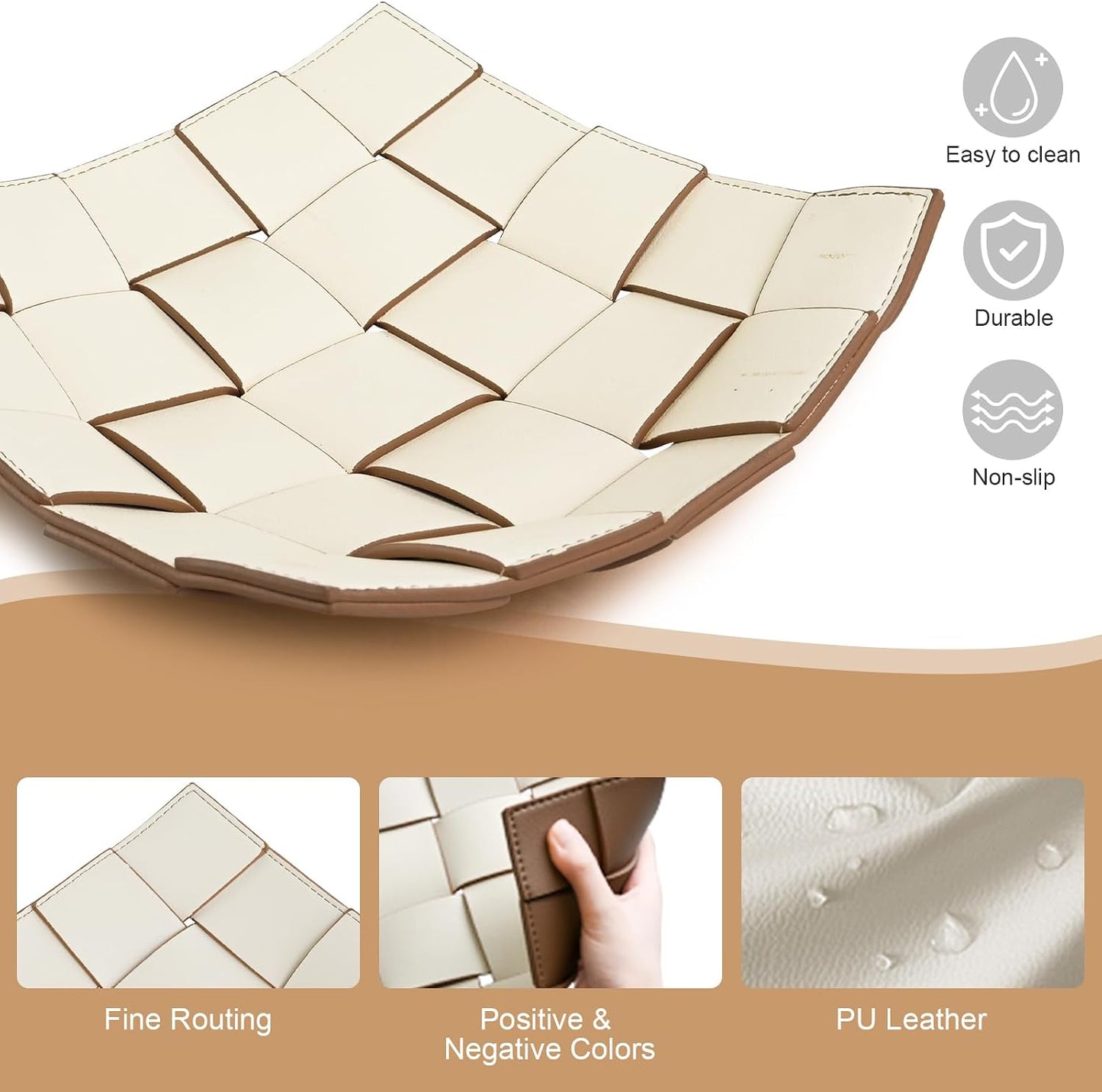 Valet Tray PU Leather Key Bowl for Men Women Entryway Table Nightstand Catchall EDC / Coffee + White