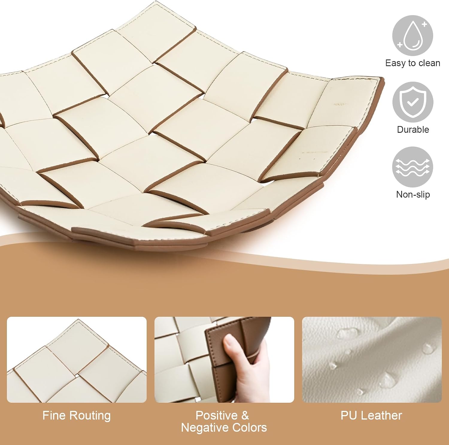 Valet Tray PU Leather Key Bowl for Men Women Entryway Table Nightstand Catchall EDC / Coffee + White