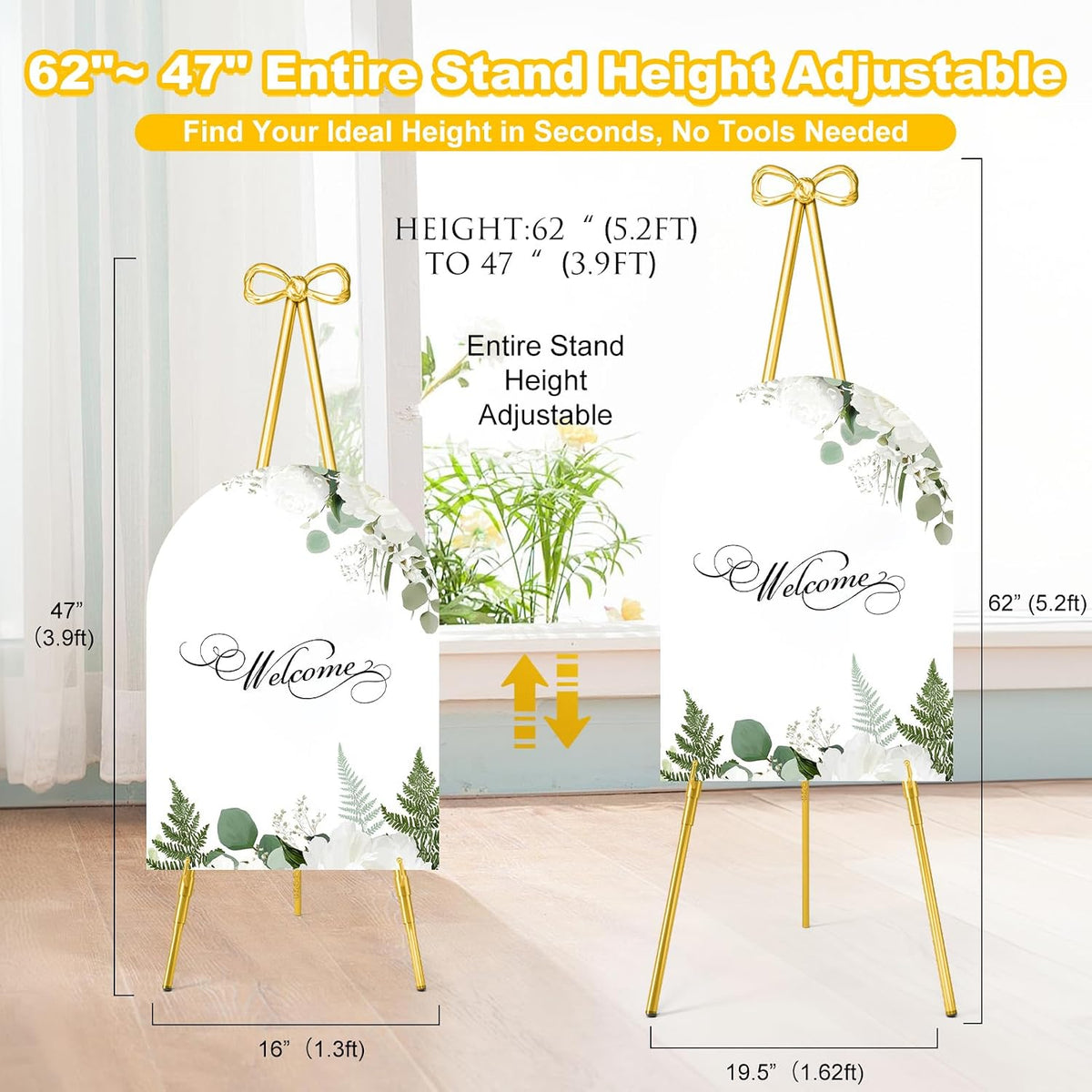 Interchangeable Bow & Star Top Gold Easel Stand for Sign, 62"–47" Height Adjustable Heavy Duty Wedding Easel Stand with