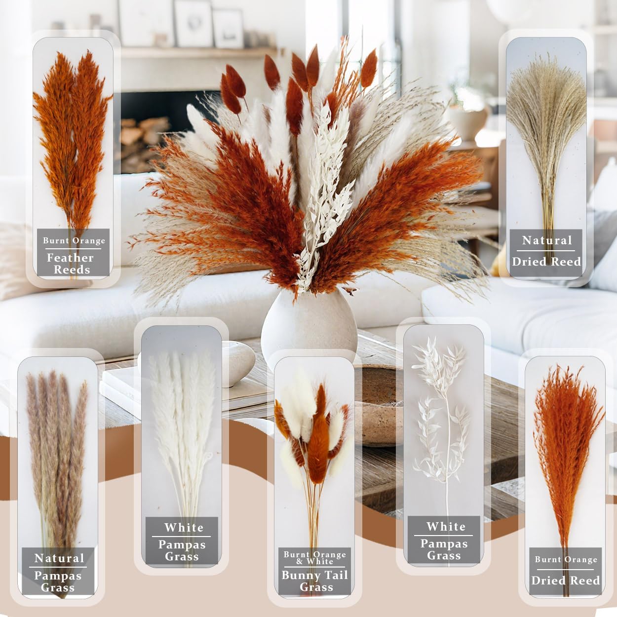 Pampas Grass Dried Flowers for Vase / Mixed Burnt Orange