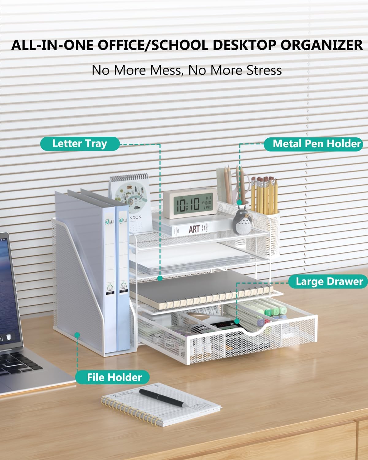 WALI Desk File Organizer, 4 Tier Desktop Paper Letter Tray Organizer with Drawer and 2 Pen Holders, Office Desk