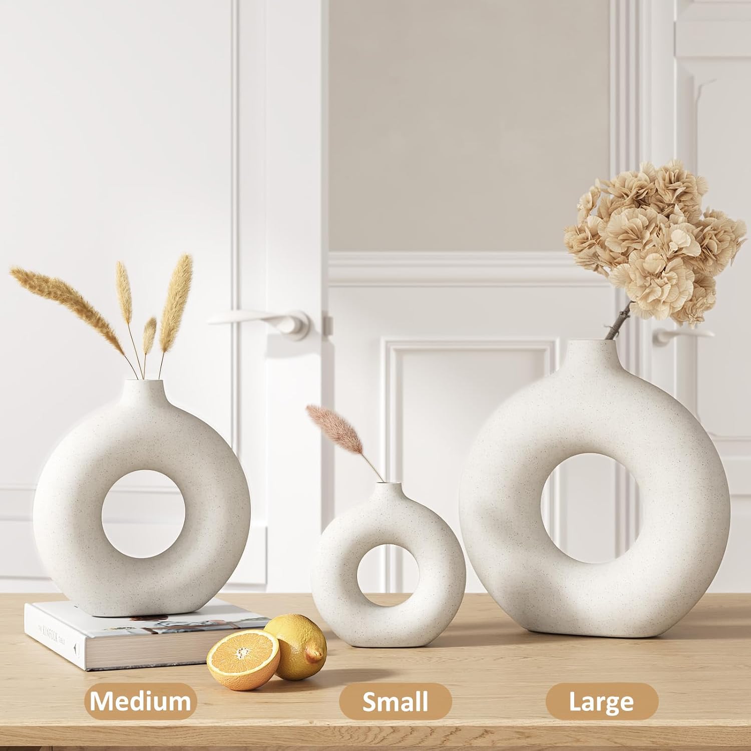 Cream Donut Vase Hollow Ceramic Vase for Flowers Pampas Grass Home / Large - 9''h / White / 9 Inch