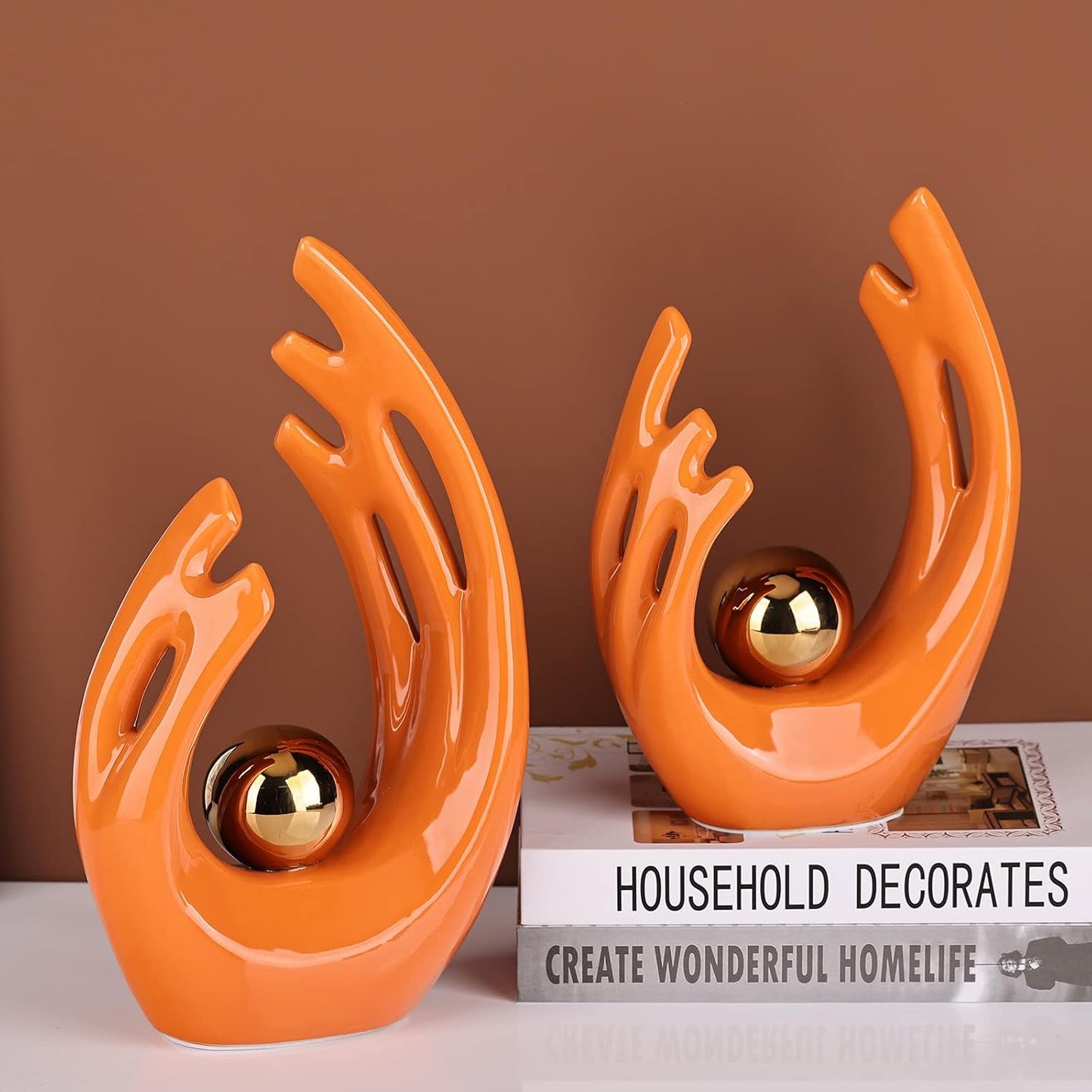 Abstract Art Ceramic Statue / Orange Gold / Small / 9.5 Inch