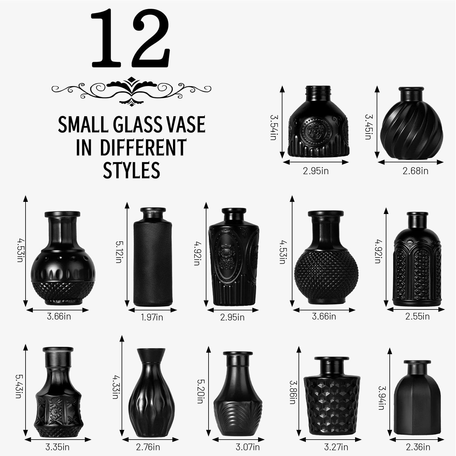 Clear Bud Vases for Flowers / Black / Set of 12