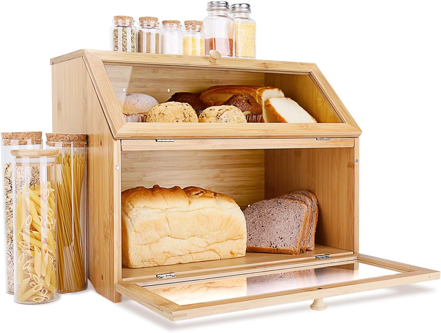 HOMEKOKO Double Layer Bread Box for Kitchen Countertop, Natural Bamboo | Keeps Bread Fresh 3-4 Days, Large Capacity