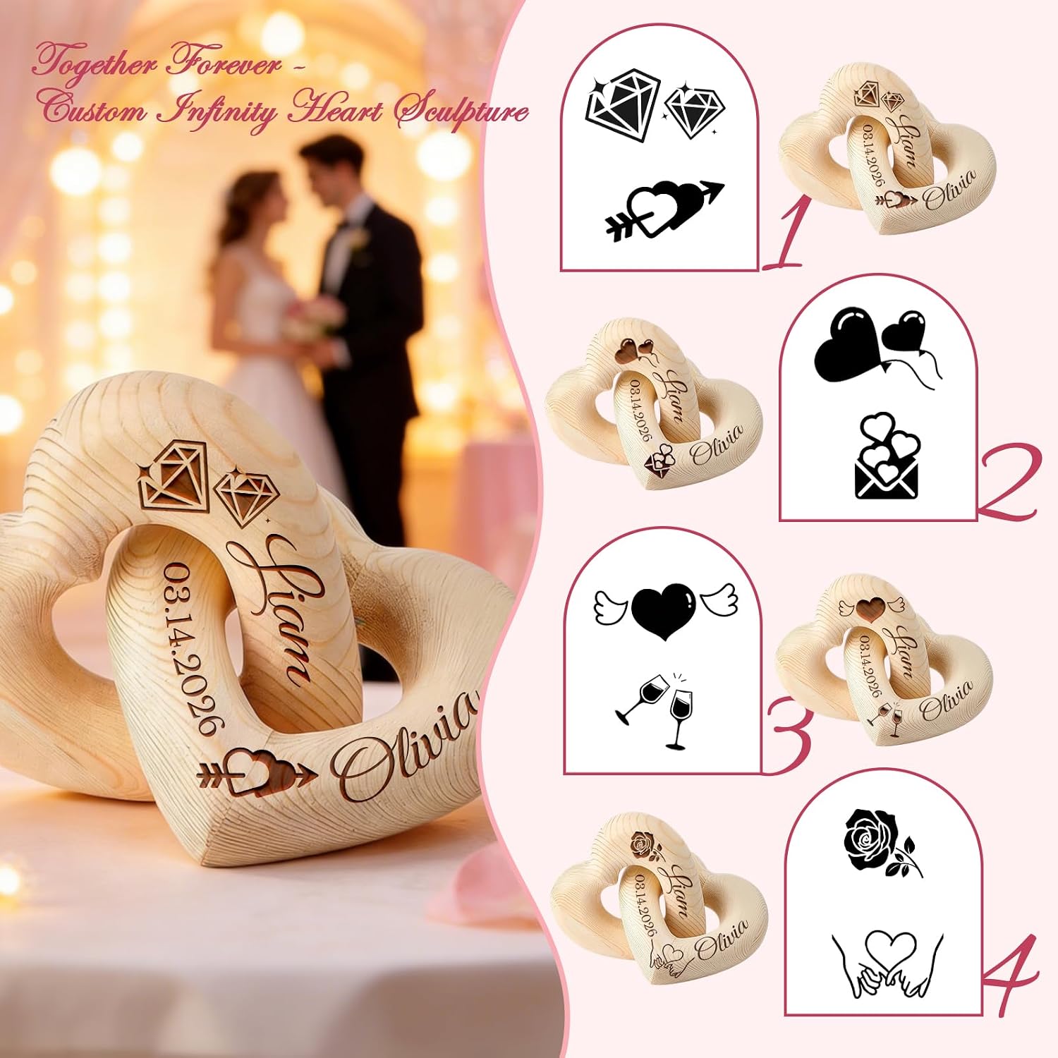 Romantic Wooden Knot / Personalized Interlocking Wooden Hearts