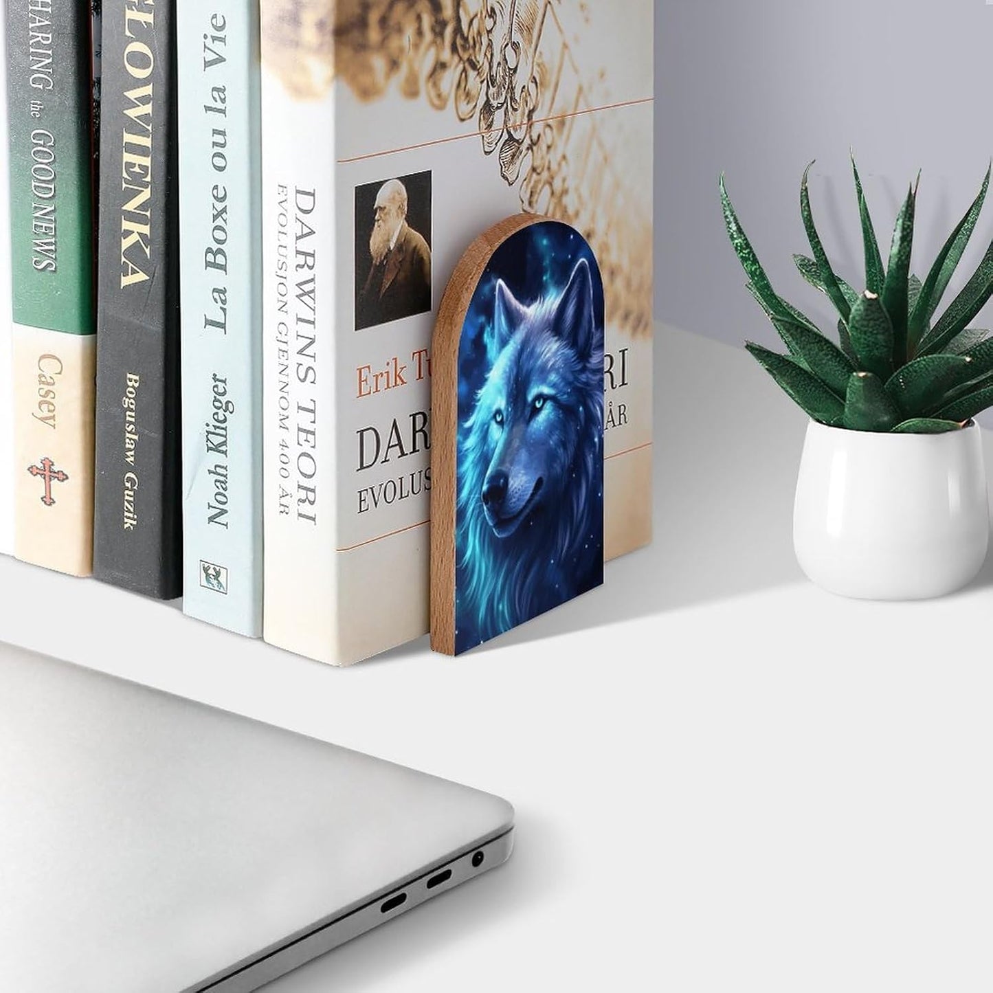 Wolf Galaxy Book Ends Decorative Wood Bookends / Blue