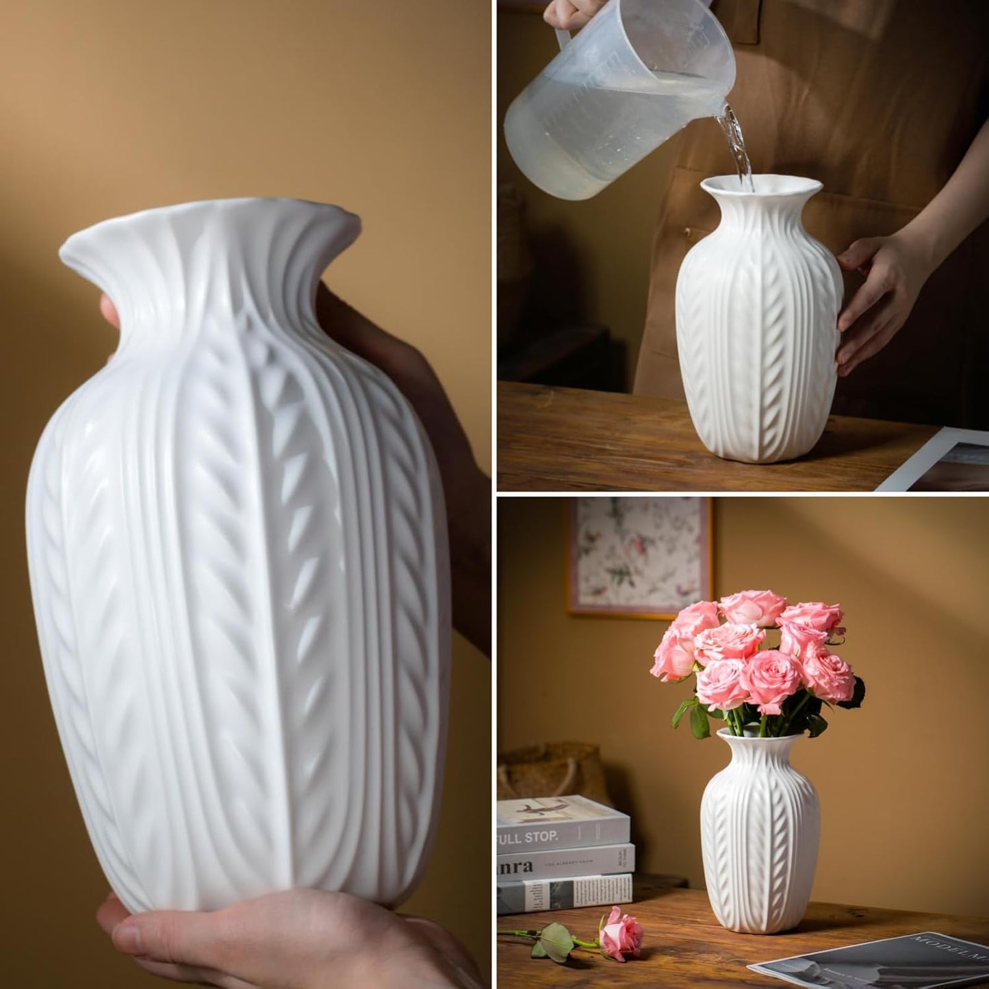 Wheat Textured White Ceramic Flowers Vase Modern Home Decor / Matte White / 10 Inch
