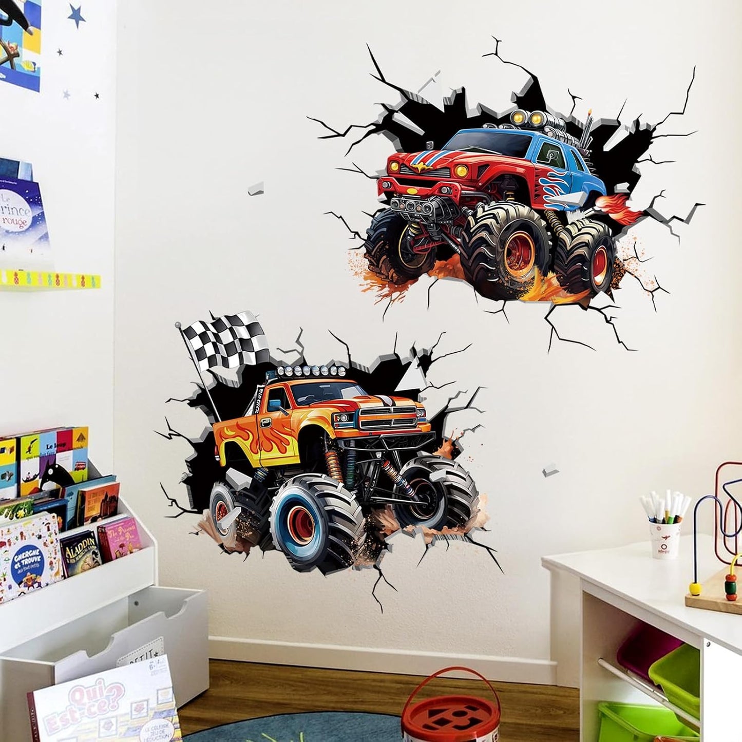 2 Large 3D Racing Cars Wall Decals Trucks Break Through Wall Stickers Boys Bedroom Kids Room