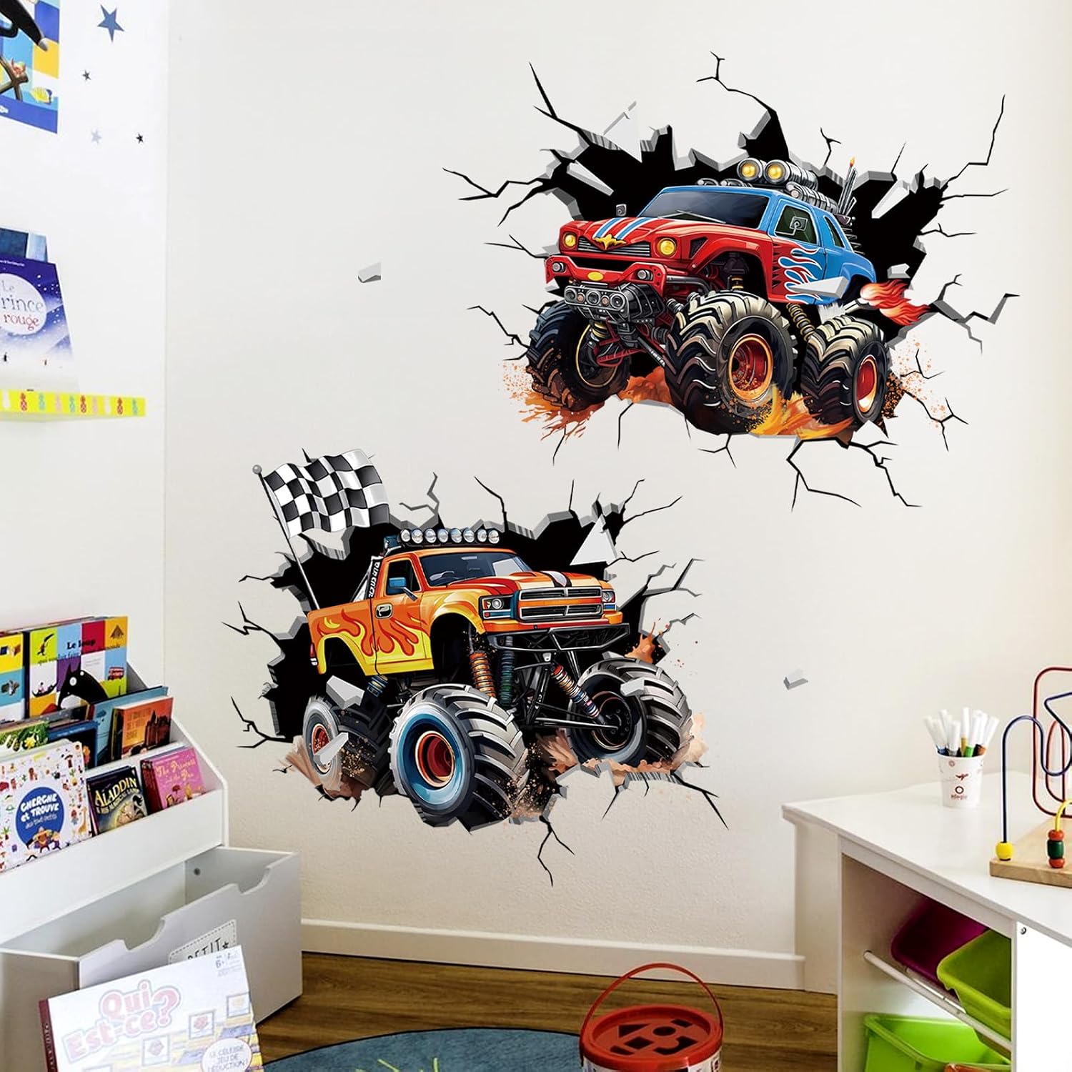 2 Large 3D Racing Cars Wall Decals Trucks Break Through Wall Stickers Boys Bedroom Kids Room