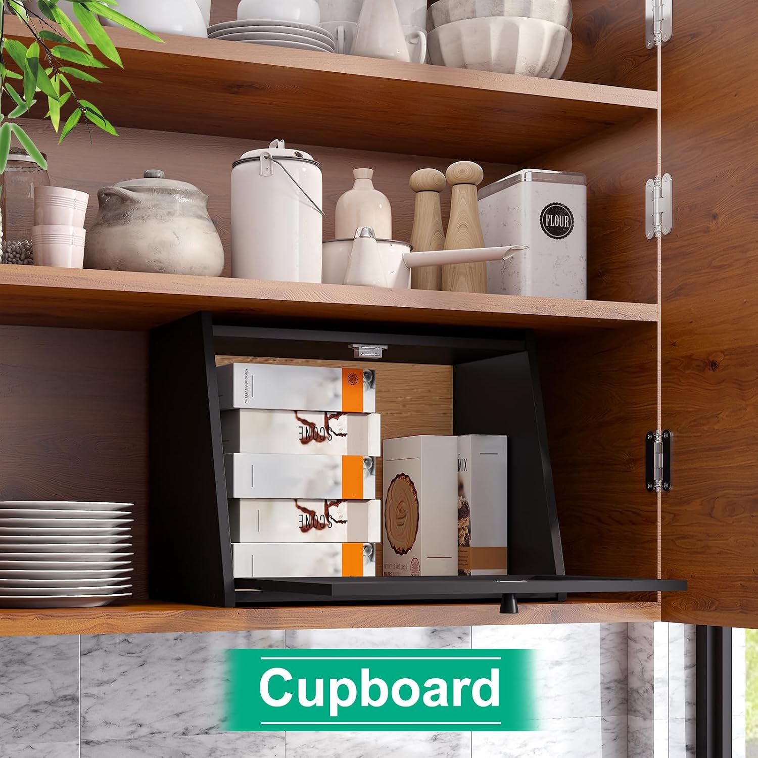 kiplant Large Bread Box for Kitchen Counter, Black Bamboo Bread Storage Container with Wavy Arcylic Transparent Door