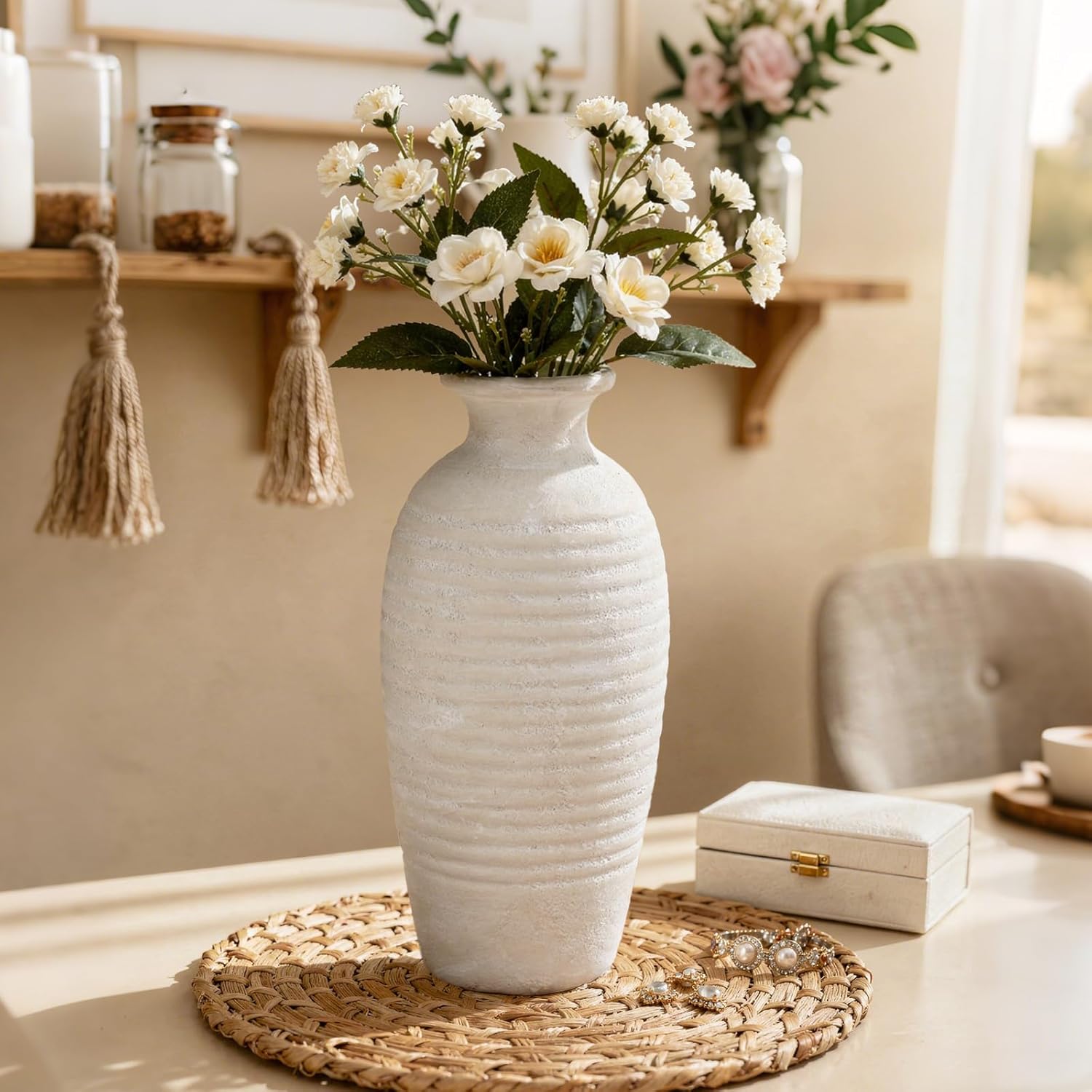 Rustic Ceramic Threaded White Vase / Off-white-14.4"tall