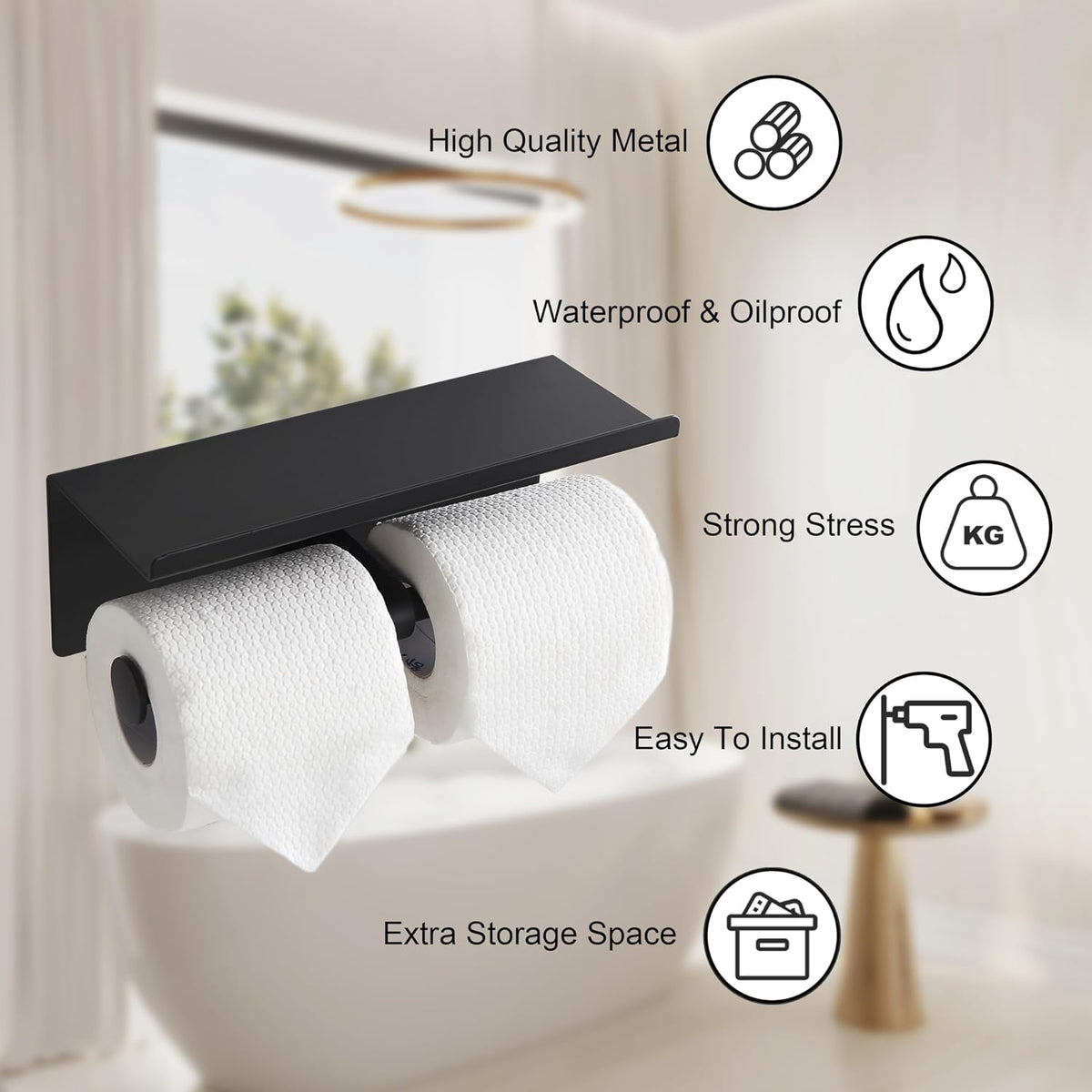Black Toilet Paper Roll Holder with Shelf Wall Mounted for Bathroom (Black, 2 Pack)