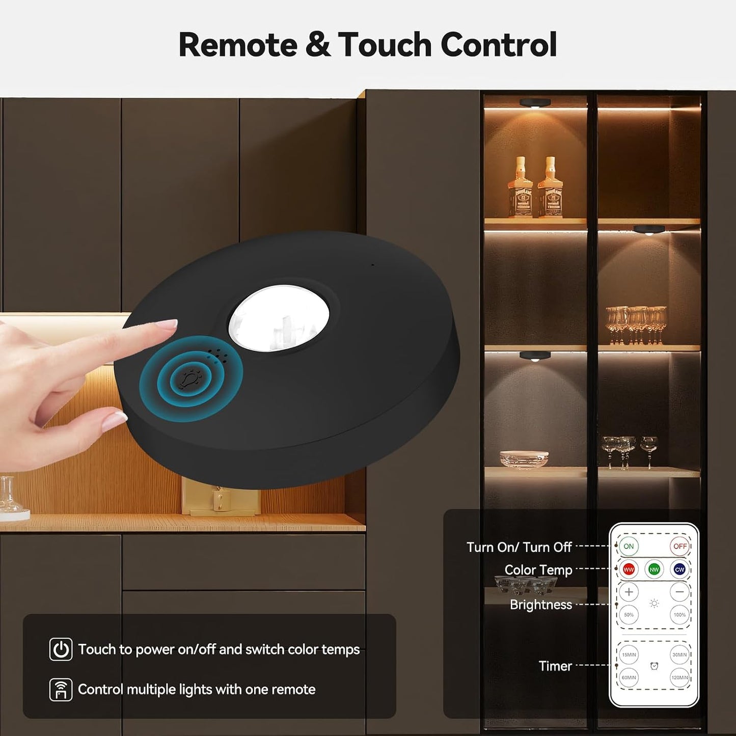Yiliaw Rechargeable Puck Lights with Remote, 12 Pack Magnetic Under Cabinet Lighting, 1500mAh Battery Operated LED Tap