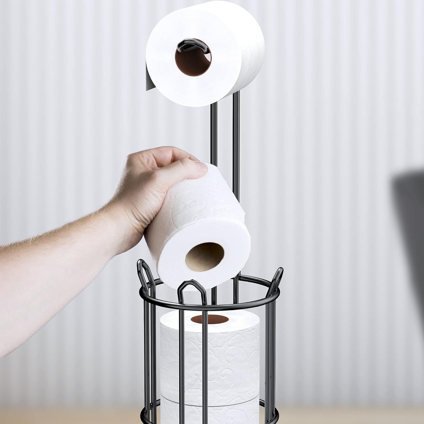Meangood Toilet Paper Holder Stand and Tissue Paper Roll Dispenser for 4 Mega Rolls, Bathroom Free Standing Tissue Roll