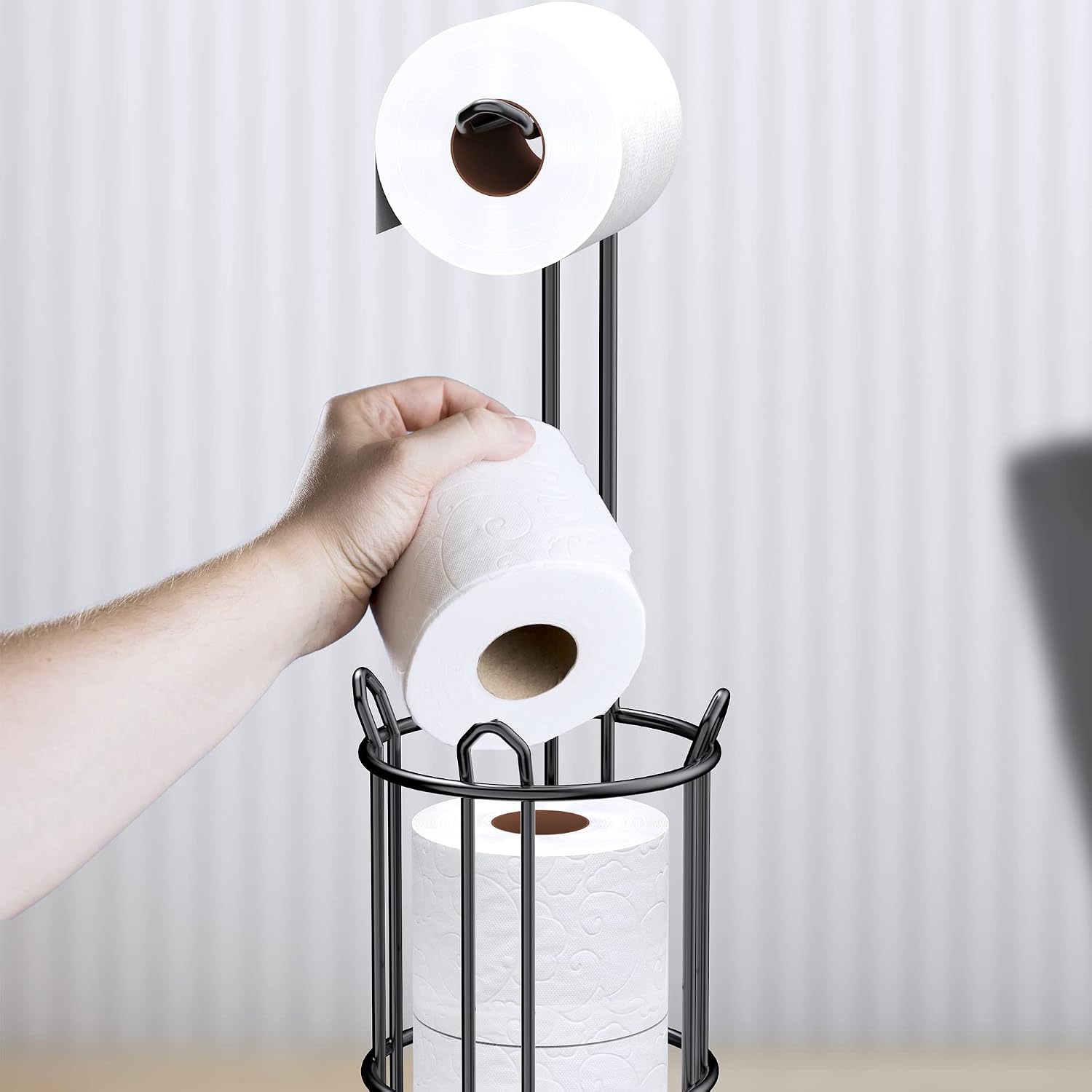 Meangood Toilet Paper Holder Stand and Tissue Paper Roll Dispenser for 4 Mega Rolls, Bathroom Free Standing Tissue Roll