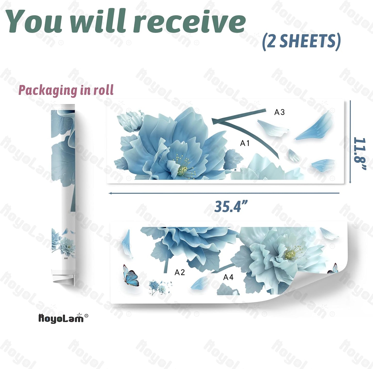 Large Flowers Petals Butterflies Wall Decals Living Room Floral Wall Stickers Removable Peel / Blue