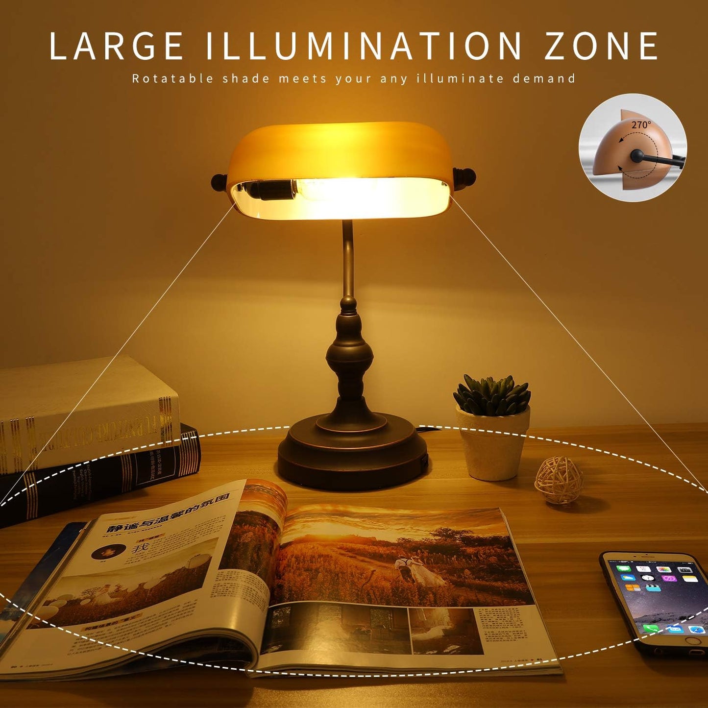 Banker Desk Lamp Touch Control, Oil Rubbed Bronze | 3 Way Dimmable Banker's Desk Lamp, USB-A Port, Amber Glass Shade