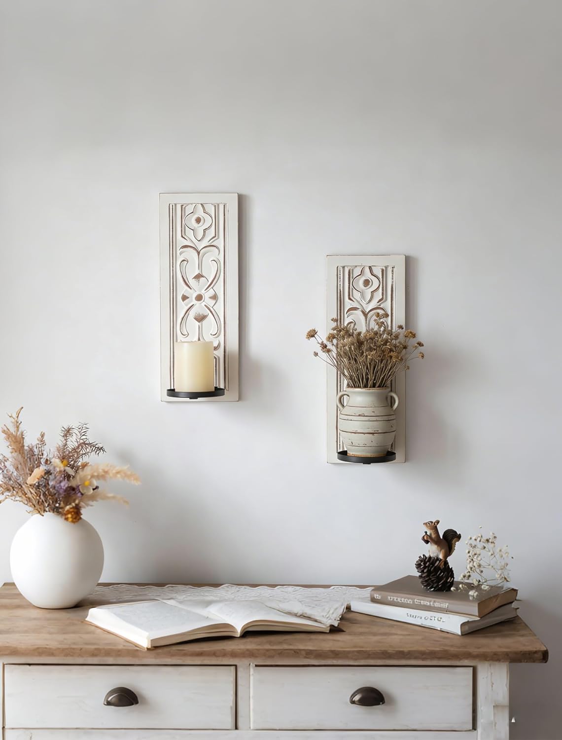 Rustic Candle Sconces Wall Decor / Distressed White / 15.8"H x 6"lx4.33"w / Set of 2
