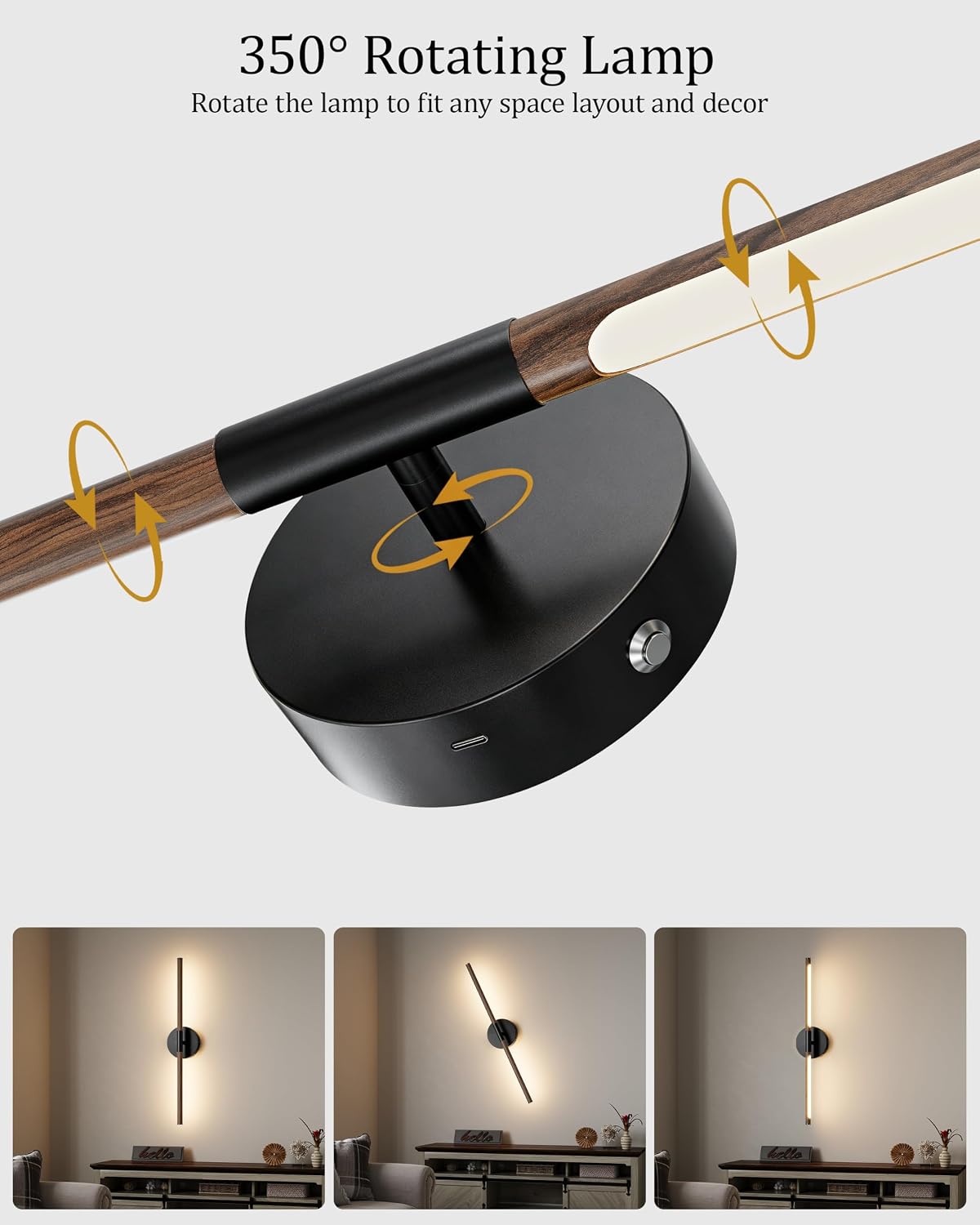 32" Battery Operated Wall Sconce Set of 2, 350° Rotating Lamp, Walnut Black | Wireless, 8000mAh Rechargeable Battery