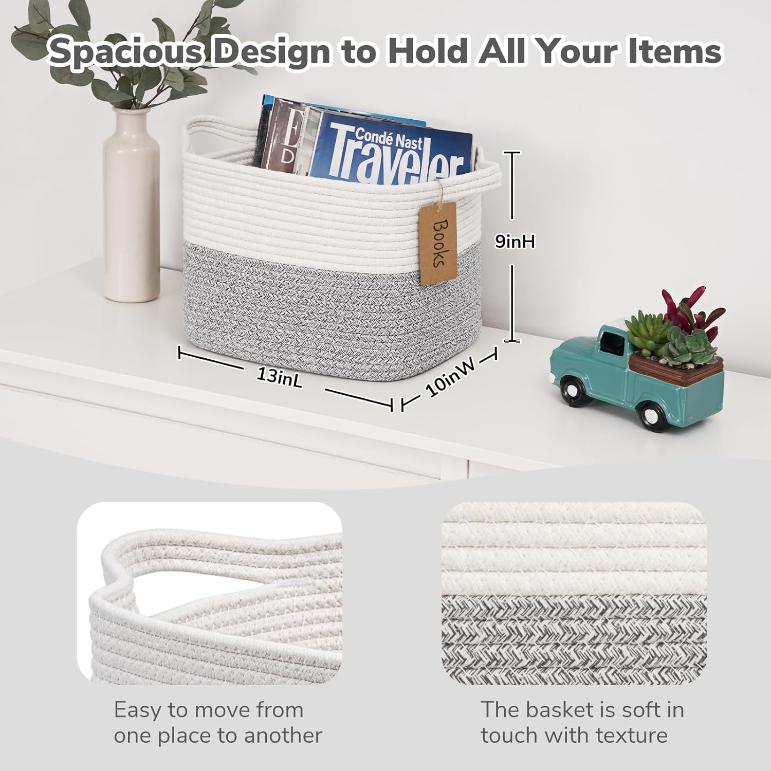 Woven Storage Basket / Light Grey / 13"L x 10"W x 9"H