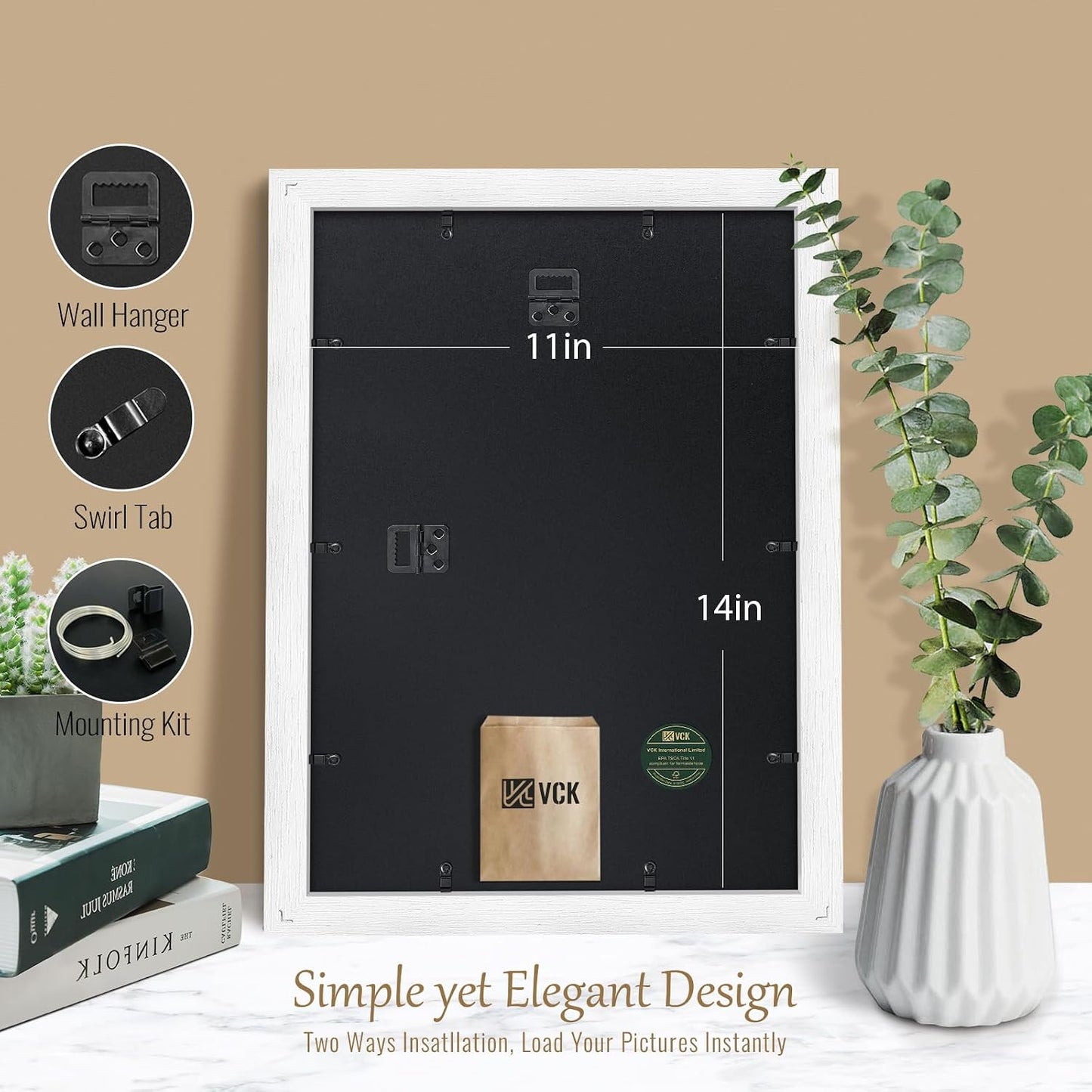 VCK 11x14 Picture Frame White 4 Pack, Wide Thick Wood Border, for Photos | Exclusive Woodgrain, Wall Hanging, HD