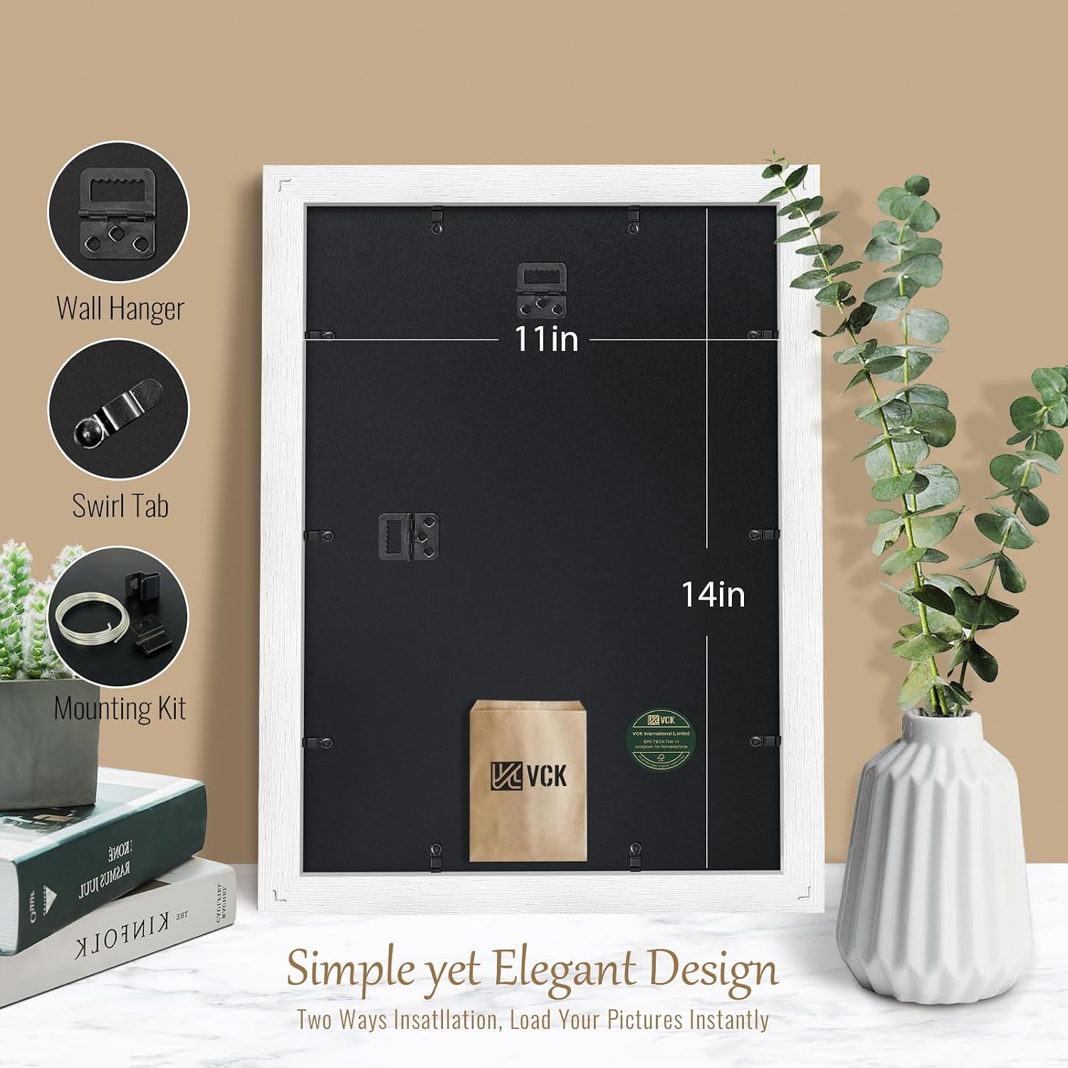 VCK 11x14 Picture Frame White 4 Pack, Wide Thick Wood Border, for Photos | Exclusive Woodgrain, Wall Hanging, HD