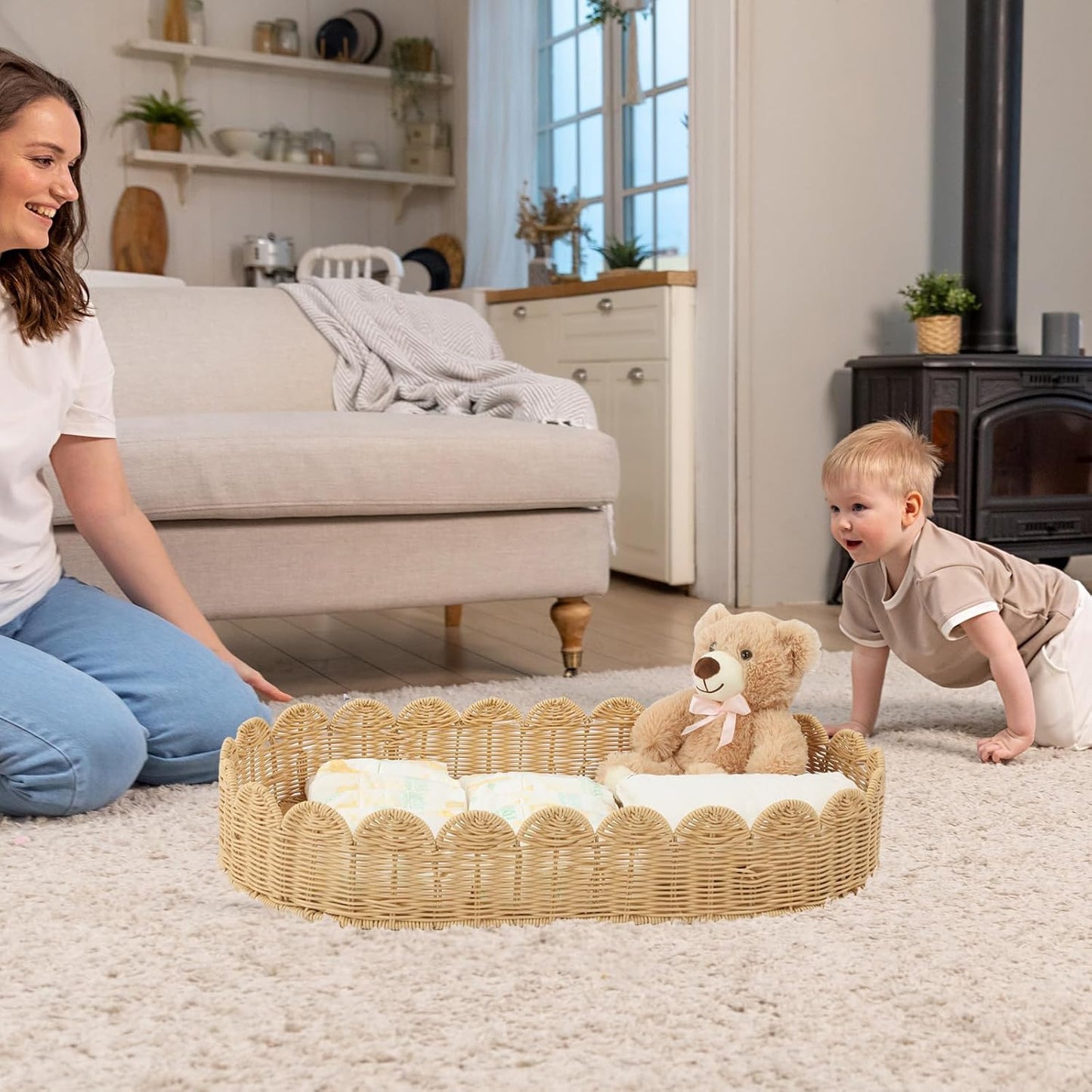 Handmade Scalloped Rattan Baby Changing Basket Changing Table Basket for Baby / 30 x 16.5 x 5.1