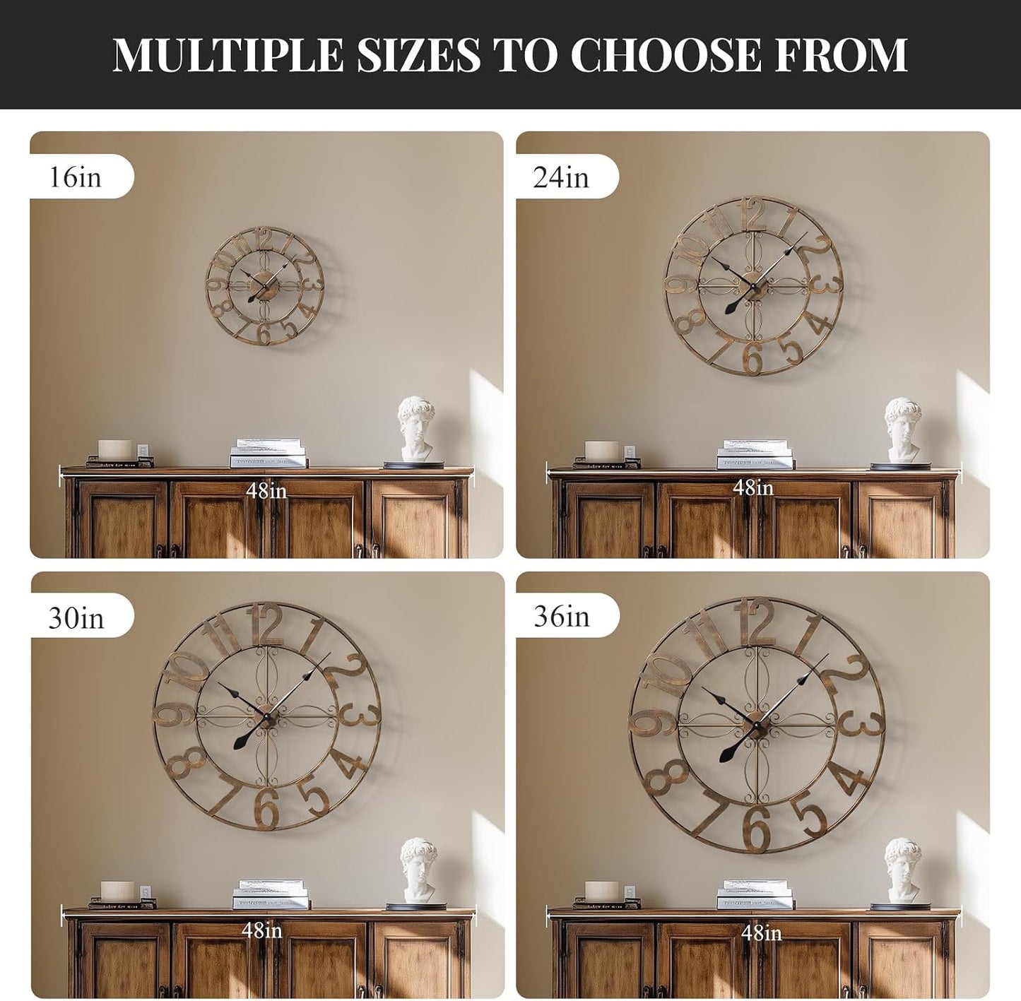 Cuspin 36 Inch Large Wall Clock Bronze Rustic Metal Decorative Clock | Battery operated, Silent non ticking, Arabic