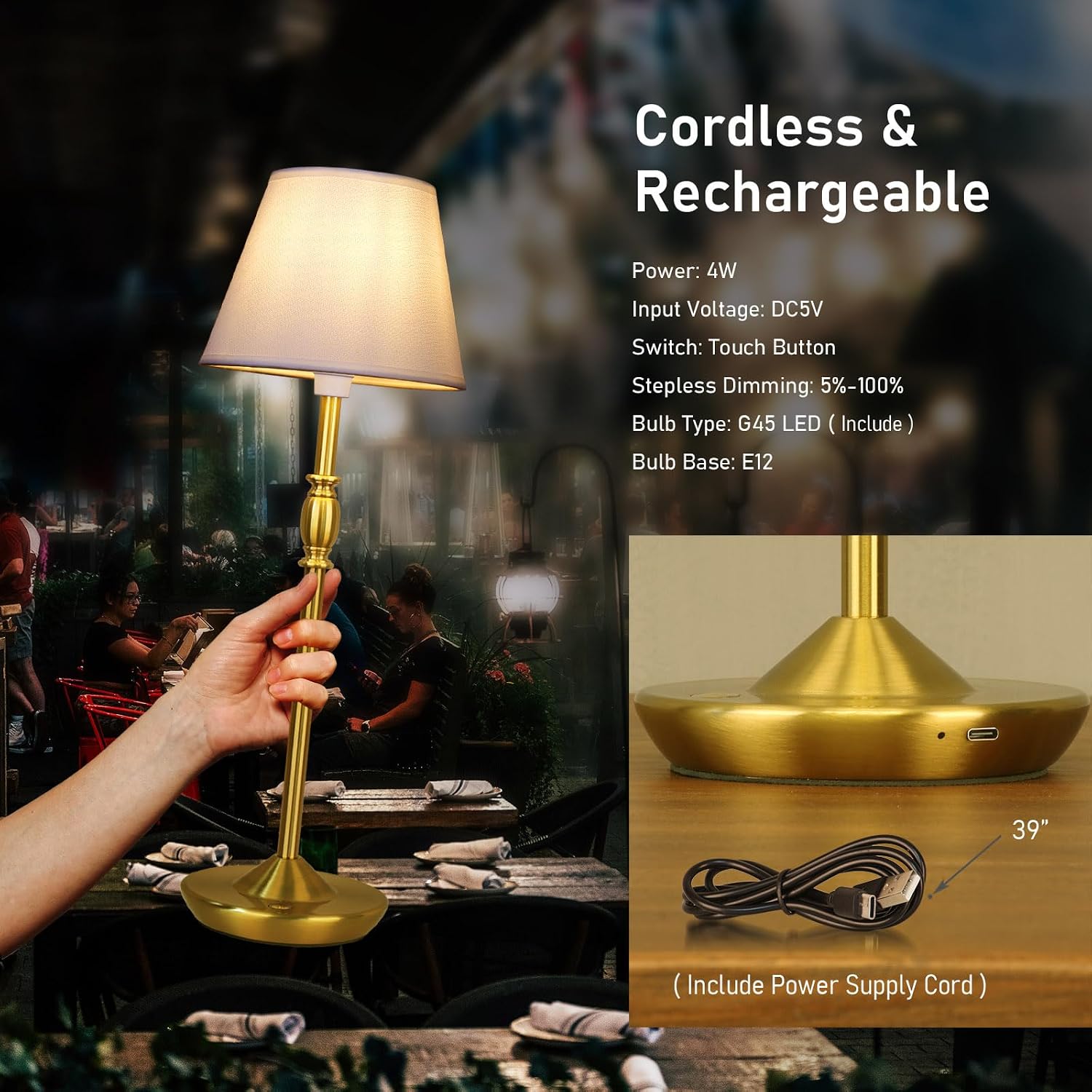 Cordless Table Lamp Portable Small LED Touch Lamp with Dimmer, 18" 2700K Rechargeable Battery Light for Bedside, Dining