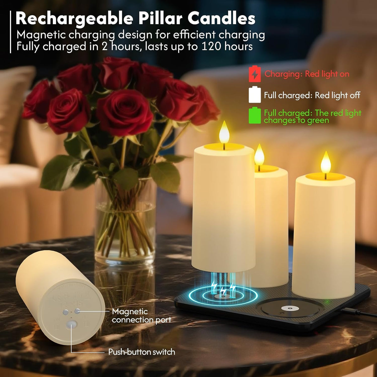 PChero Rechargeable Flameless Candles with Remote & Magnetic Charging Base | Outdoor Waterproof Battery Operated Pillar