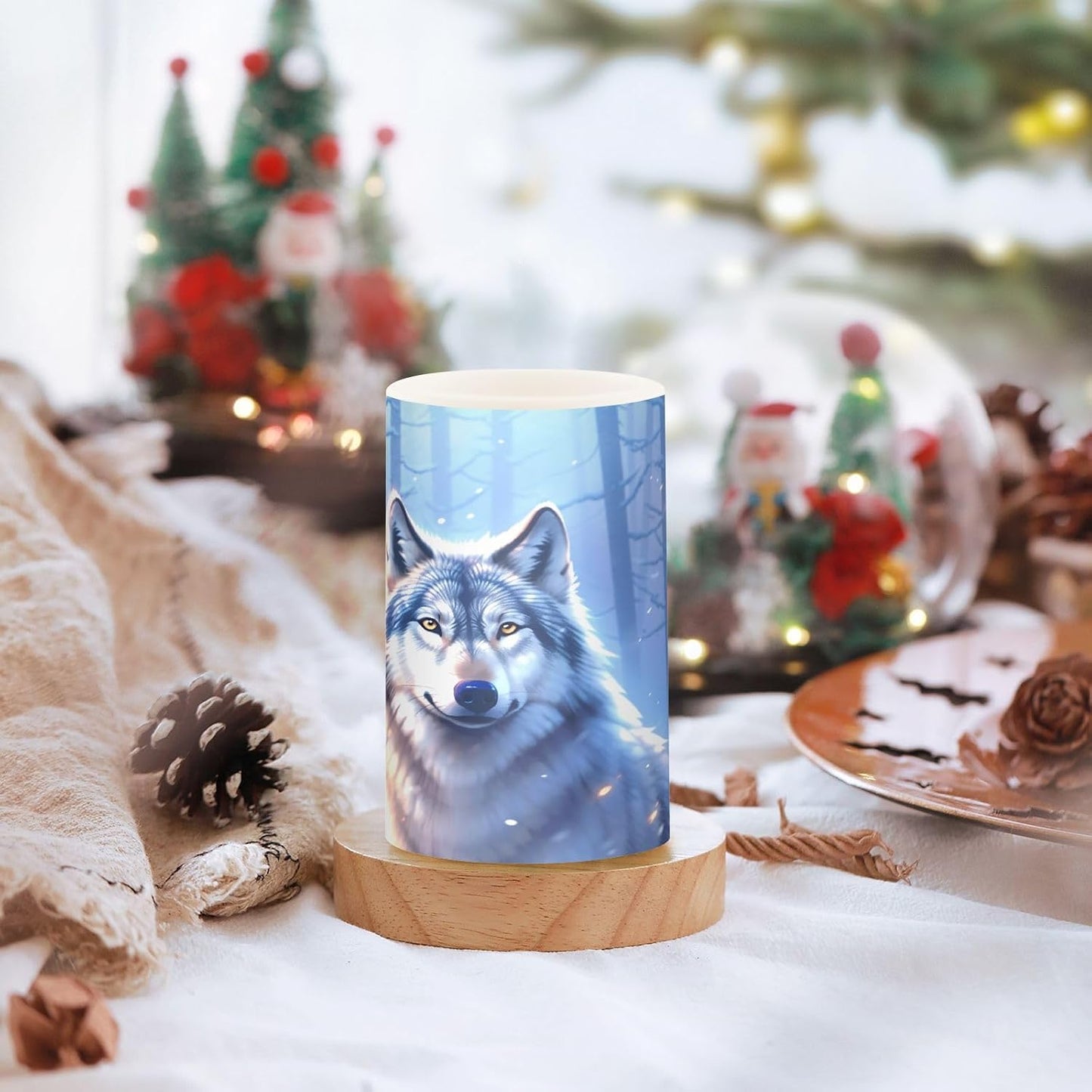 Flickering Flameless Candles, Wolf Winter Forest LED Candles with Remote Timer, Set of 2 Battery Operated Candle for