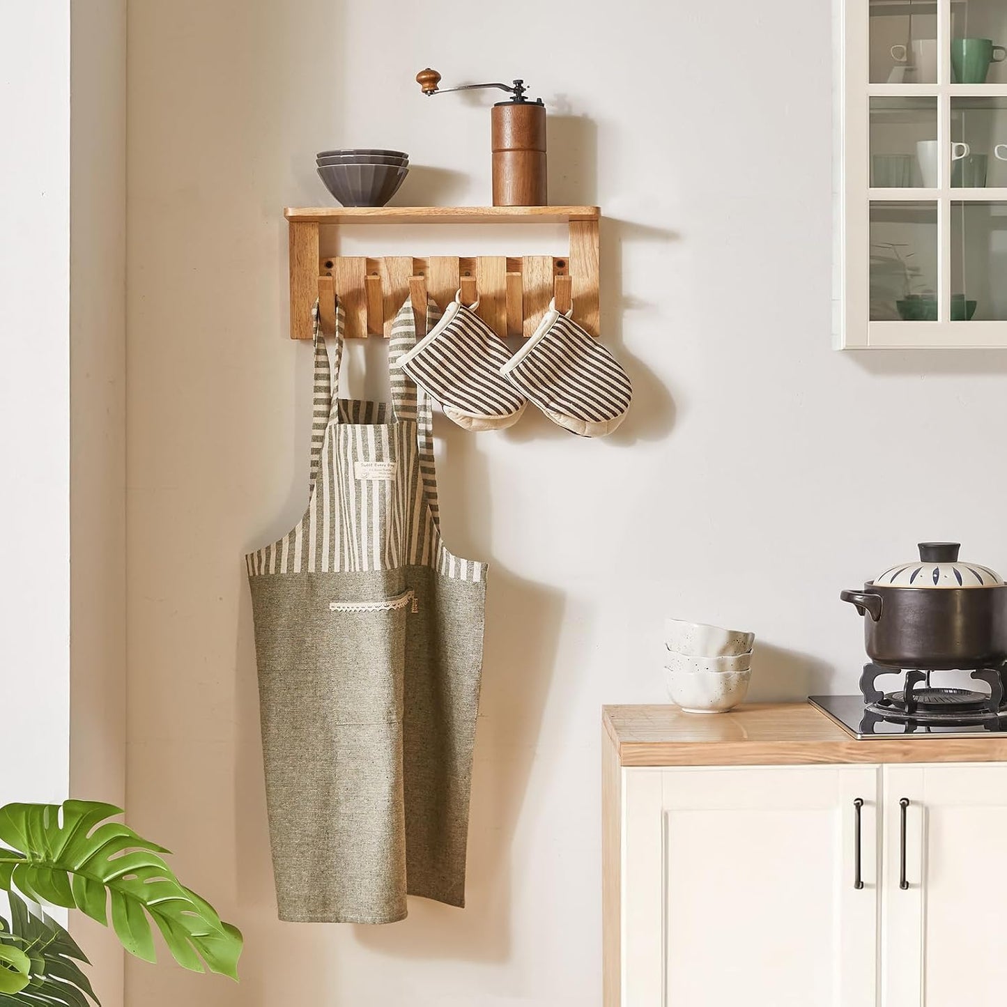 Piano Key Coat Rack Wall Mount with Shelf and 12 Hooks, Natural HWS008N-2 | Solid Wood Wall Mounted Coat Rack with